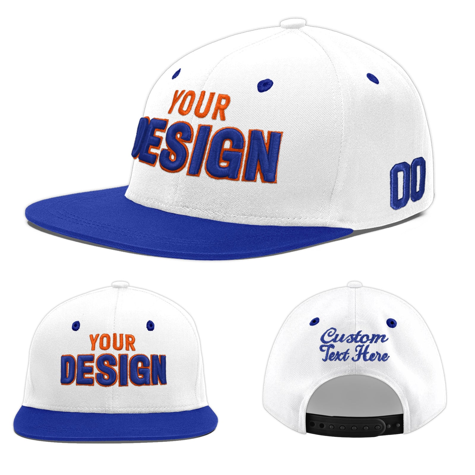 Custom White Royal Blue 3D Puff Embroidery Flat Embroidery Casual Sport Baseball Cap