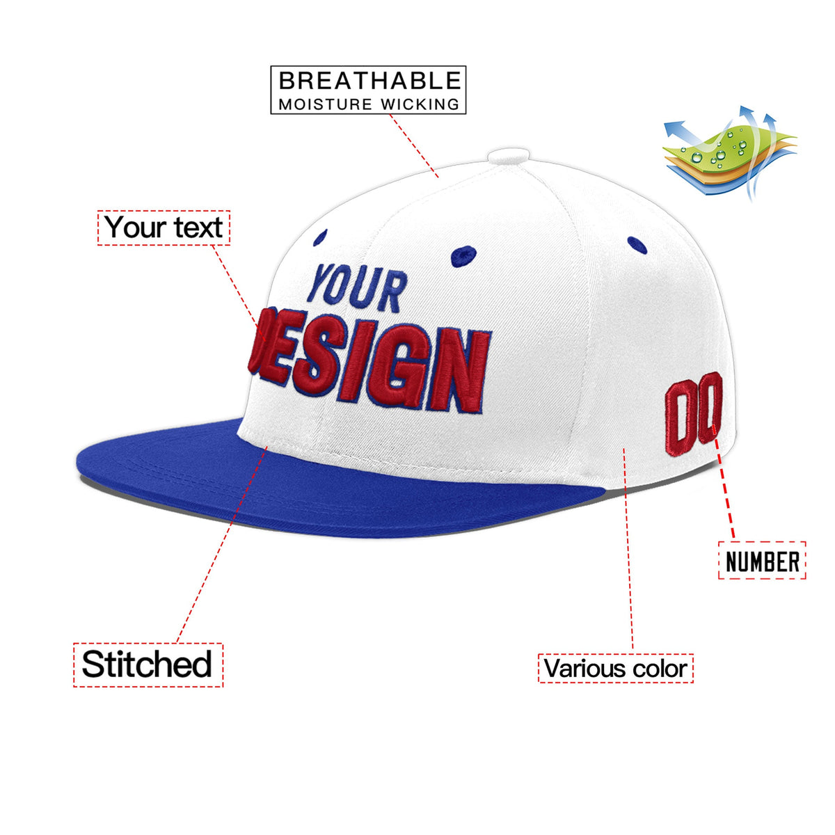 Custom White Royal Blue 3D Puff Embroidery Flat Embroidery Casual Sport Baseball Cap