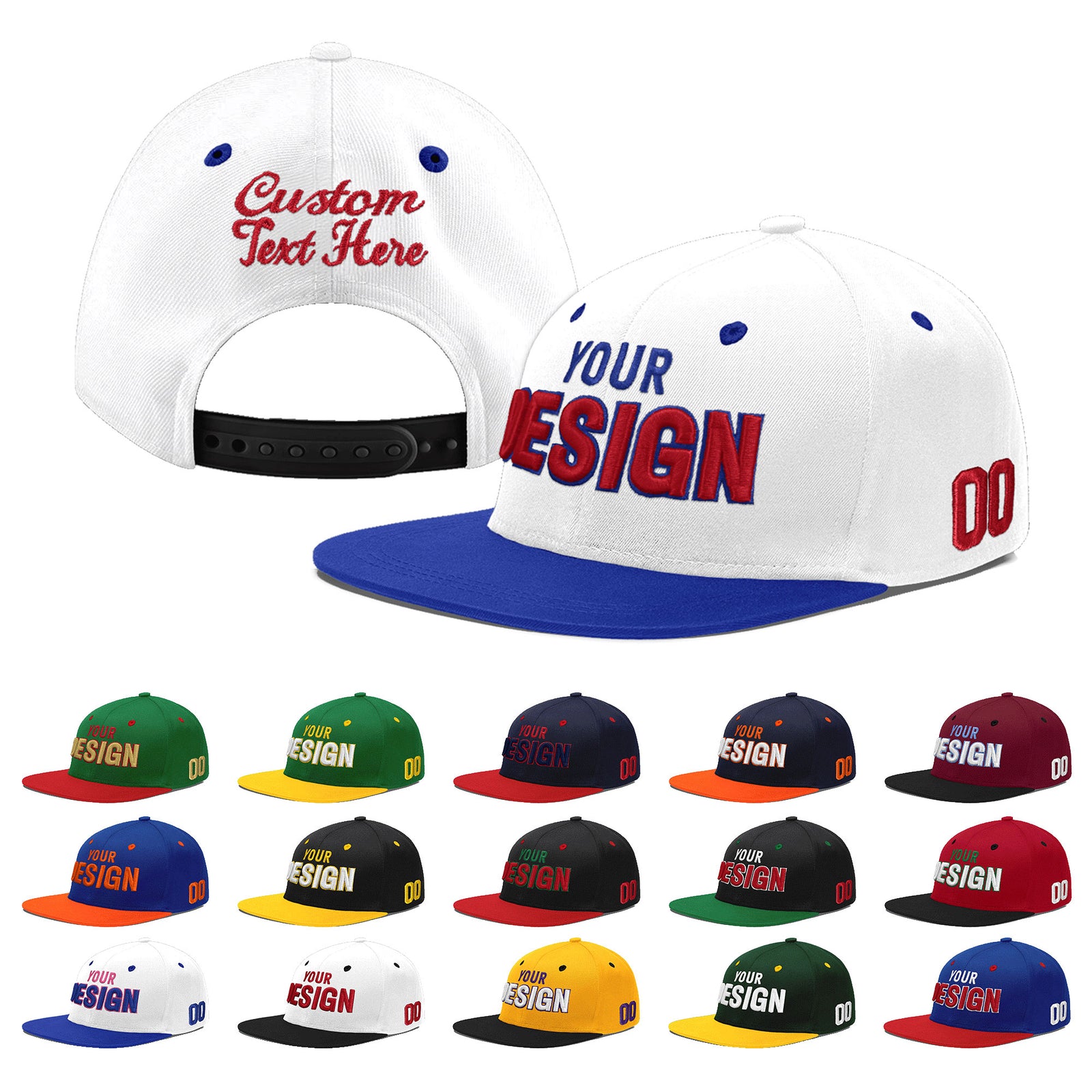Custom White Royal Blue 3D Puff Embroidery Flat Embroidery Casual Sport Baseball Cap