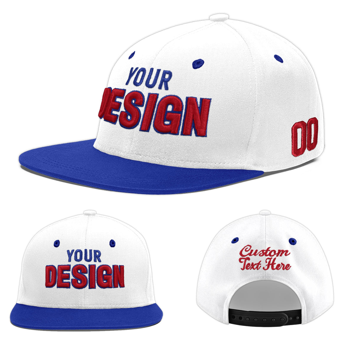 Custom White Royal Blue 3D Puff Embroidery Flat Embroidery Casual Sport Baseball Cap