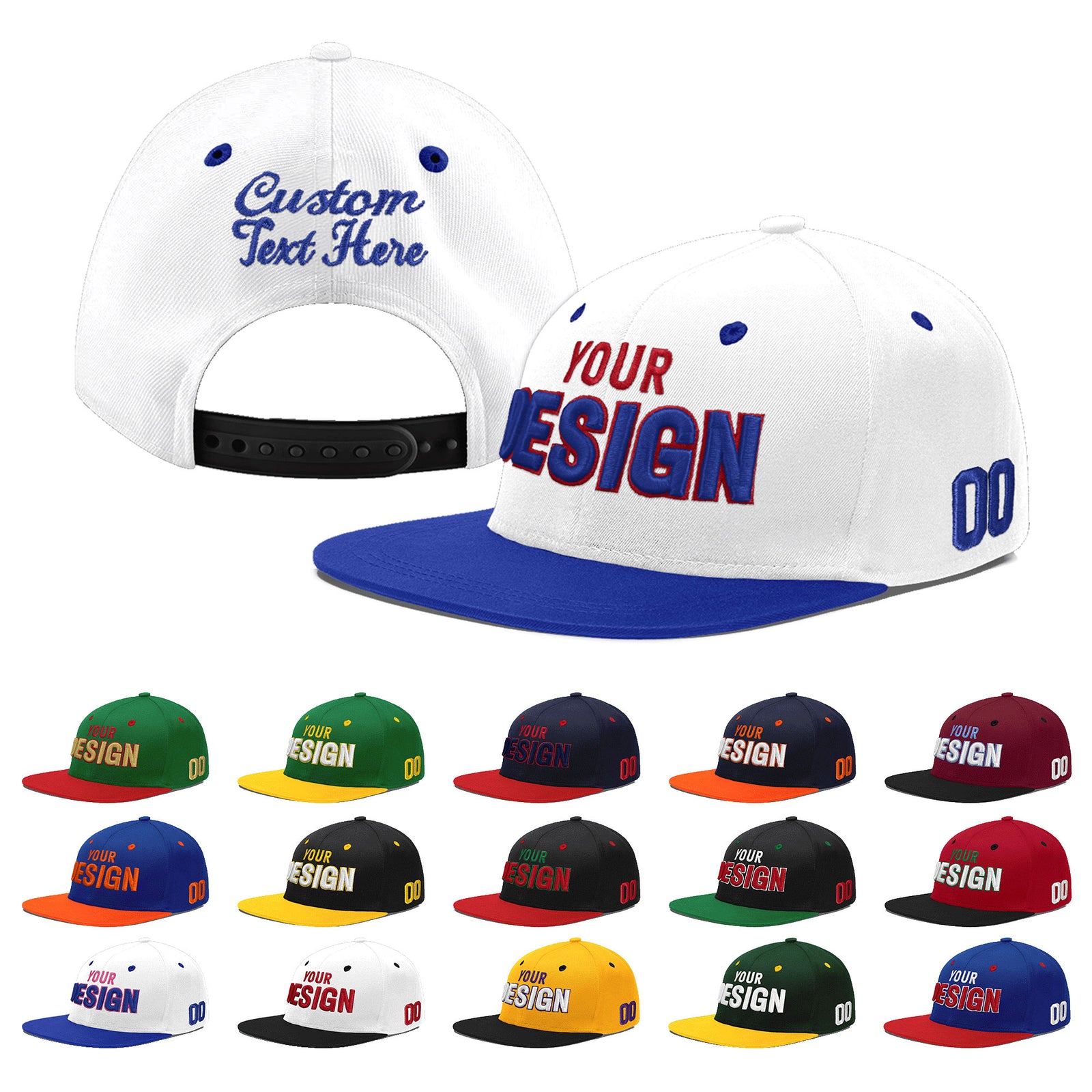 Custom White Royal Blue 3D Puff Embroidery Flat Embroidery Casual Sport Baseball Cap