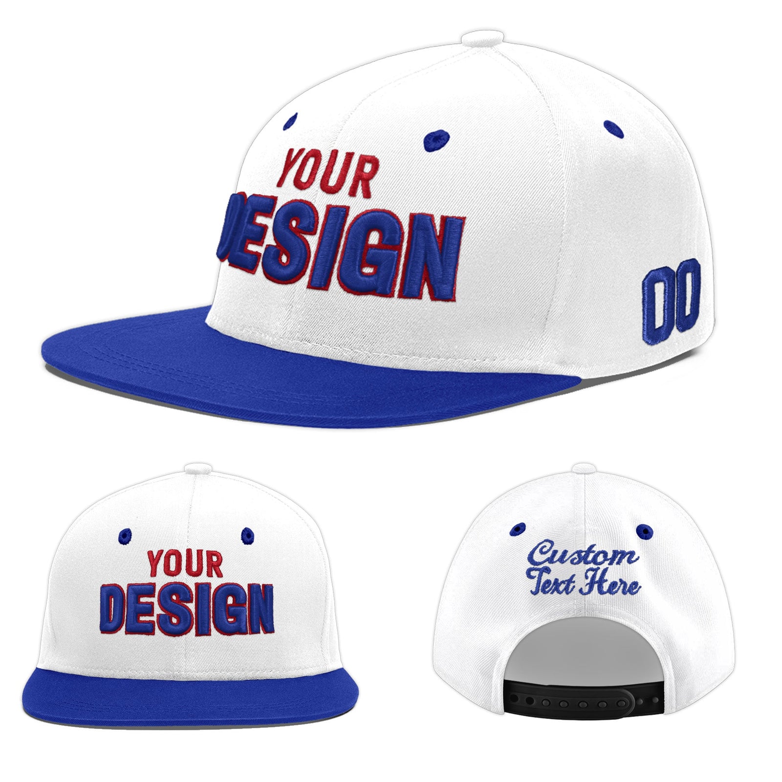 Custom White Royal Blue 3D Puff Embroidery Flat Embroidery Casual Sport Baseball Cap