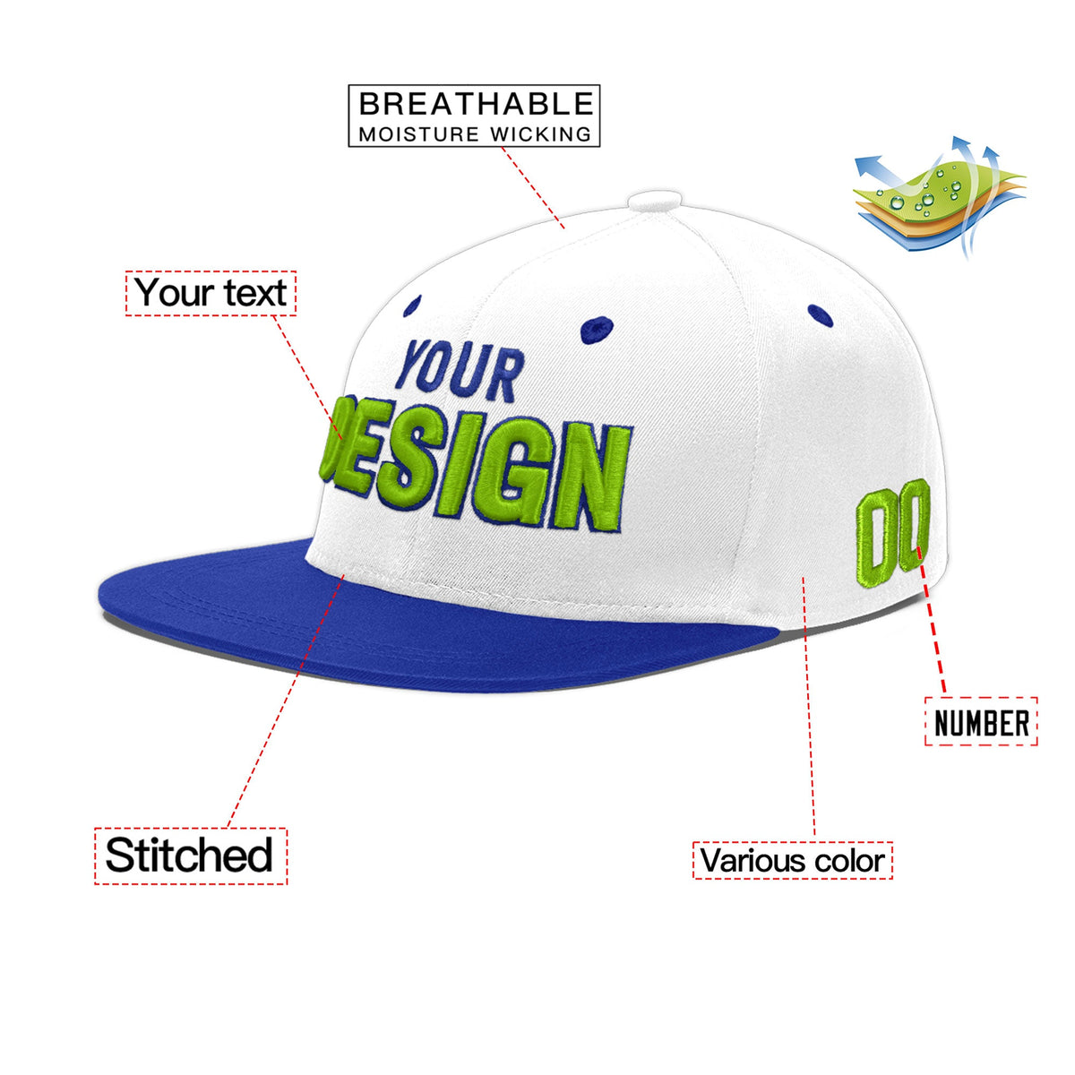 Custom White Royal Blue 3D Puff Embroidery Flat Embroidery Casual Sport Baseball Cap