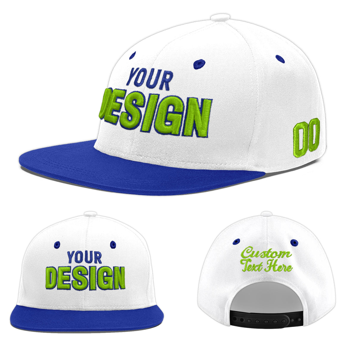 Custom White Royal Blue 3D Puff Embroidery Flat Embroidery Casual Sport Baseball Cap