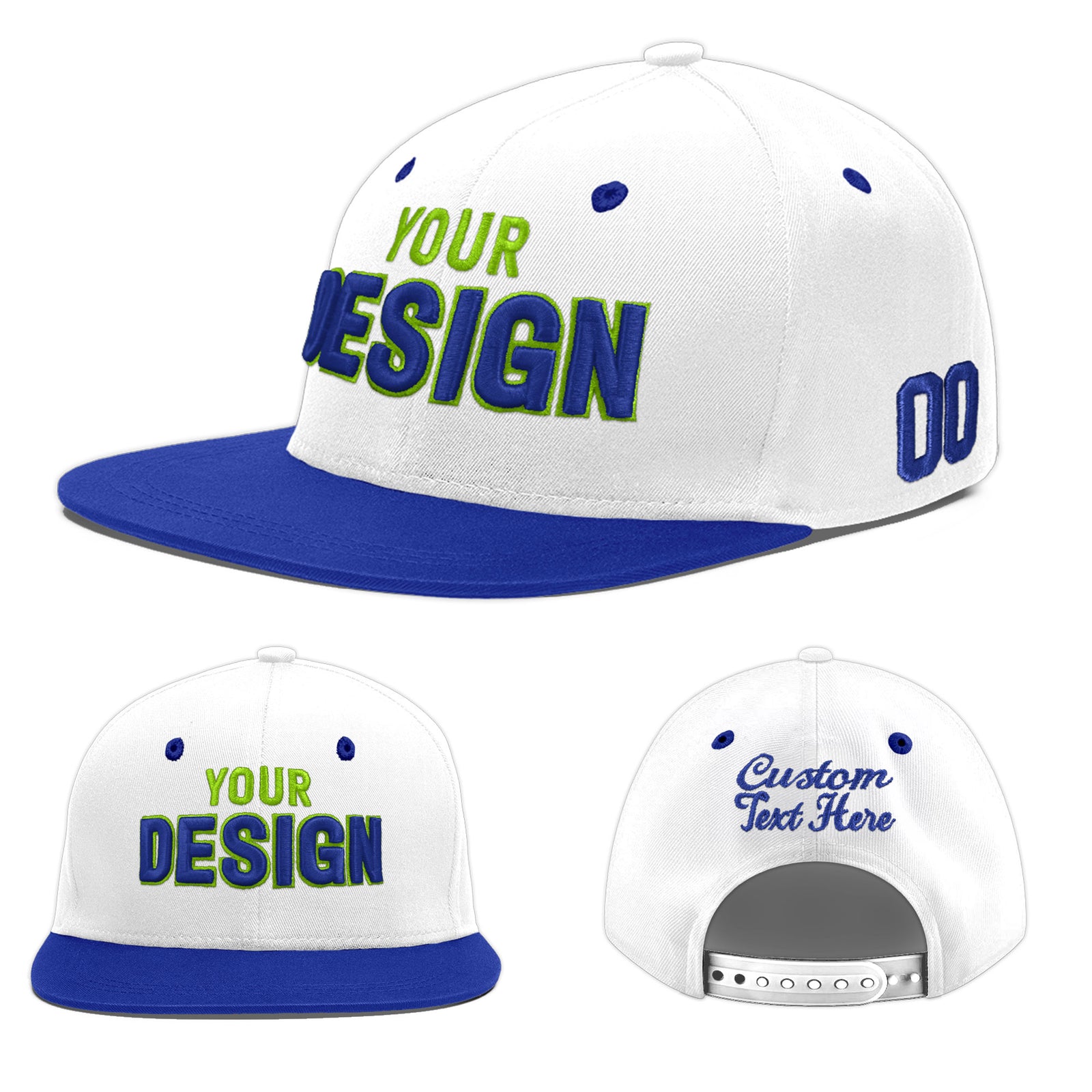 Custom White Royal Blue 84D Puff Embroidery Flat Embroidery Casual Sport Baseball Cap