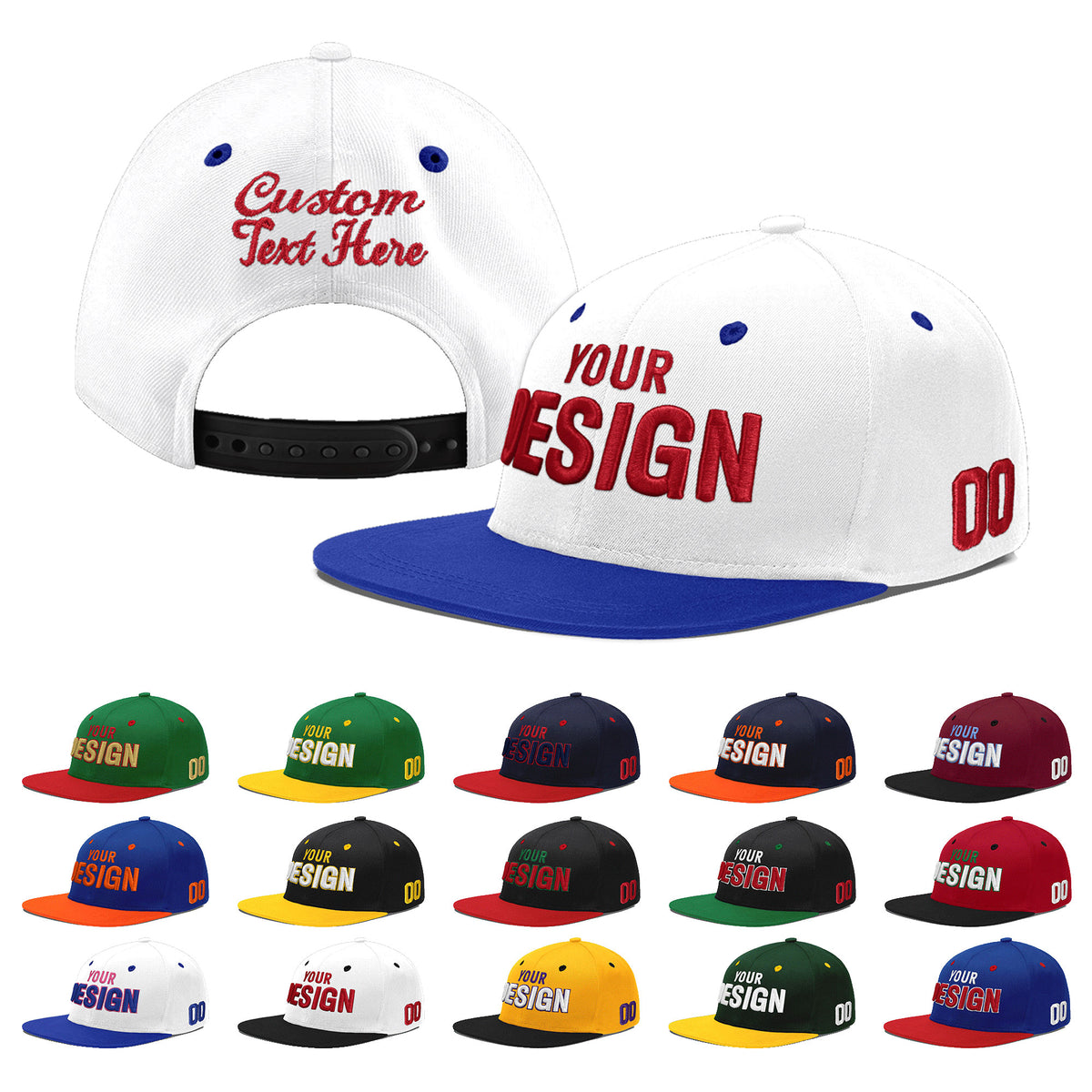 Custom White Royal Blue 91D Puff Embroidery Flat Embroidery Casual Sport Baseball Cap
