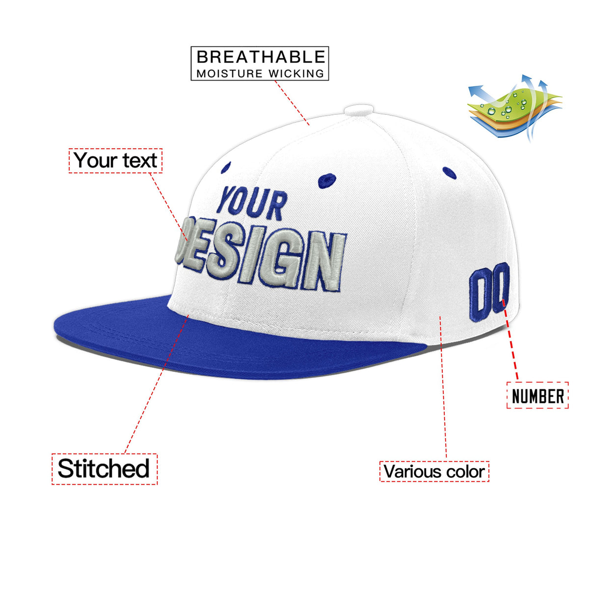 Custom White Royal Blue 101D Puff Embroidery Flat Embroidery Casual Sport Baseball Cap