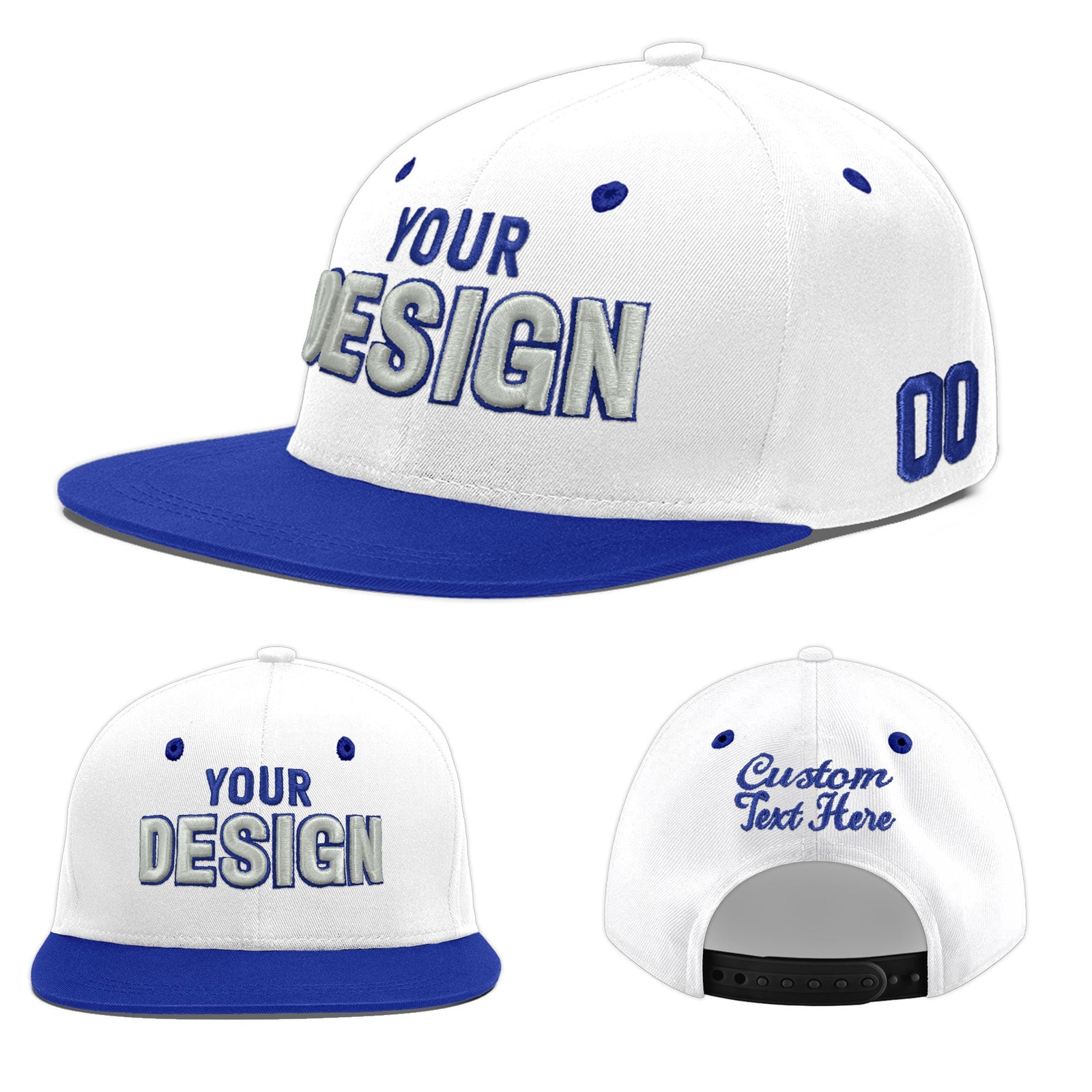 Custom White Royal Blue 100D Puff Embroidery Flat Embroidery Casual Sport Baseball Cap