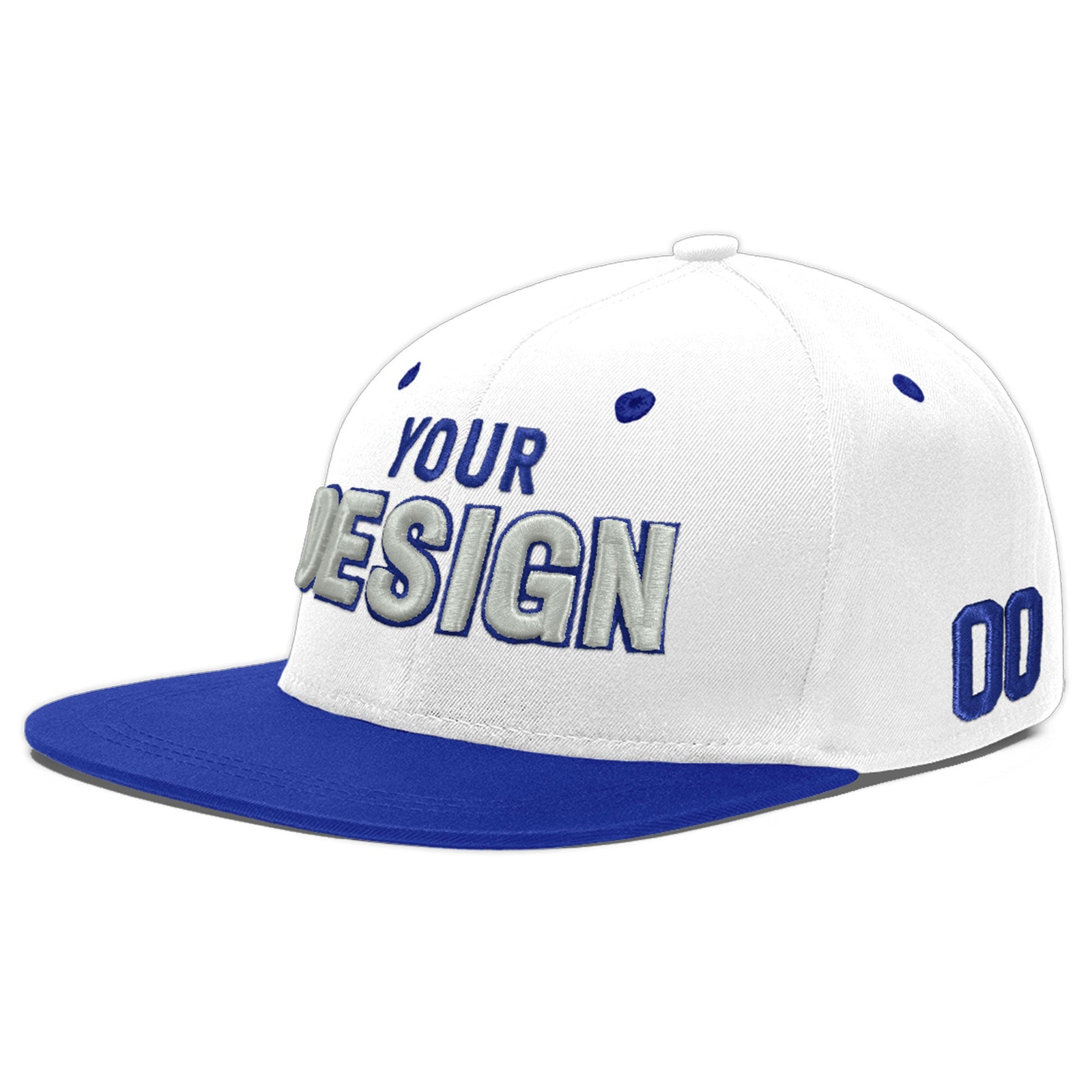 Custom White Royal Blue 102D Puff Embroidery Flat Embroidery Casual Sport Baseball Cap