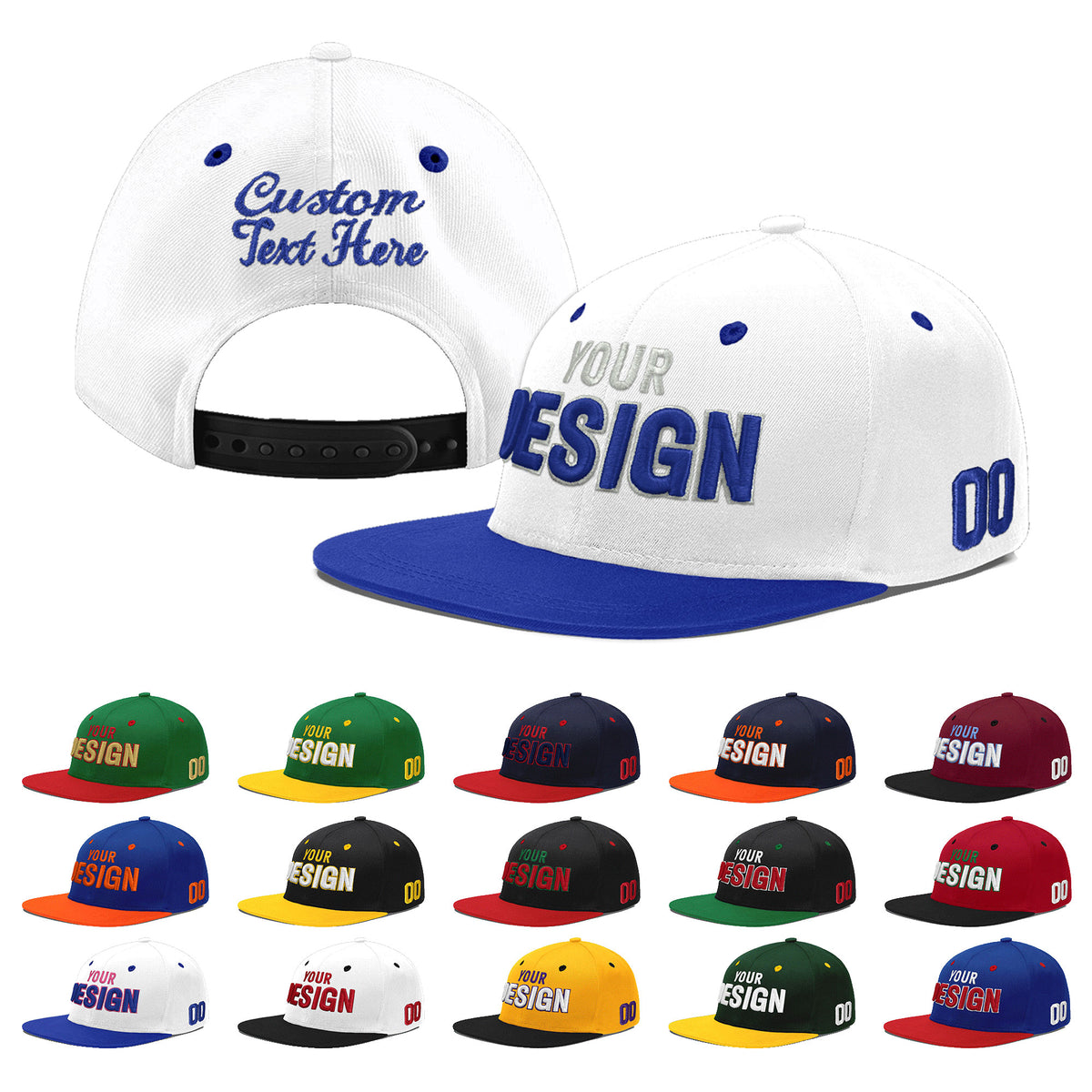 Custom White Royal Blue 107D Puff Embroidery Flat Embroidery Casual Sport Baseball Cap