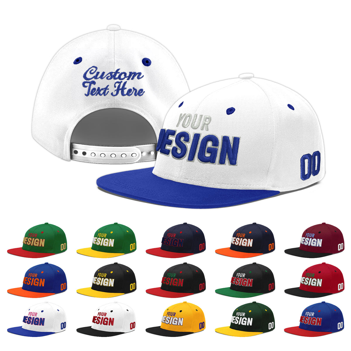Custom White Royal Blue 107D Puff Embroidery Flat Embroidery Casual Sport Baseball Cap