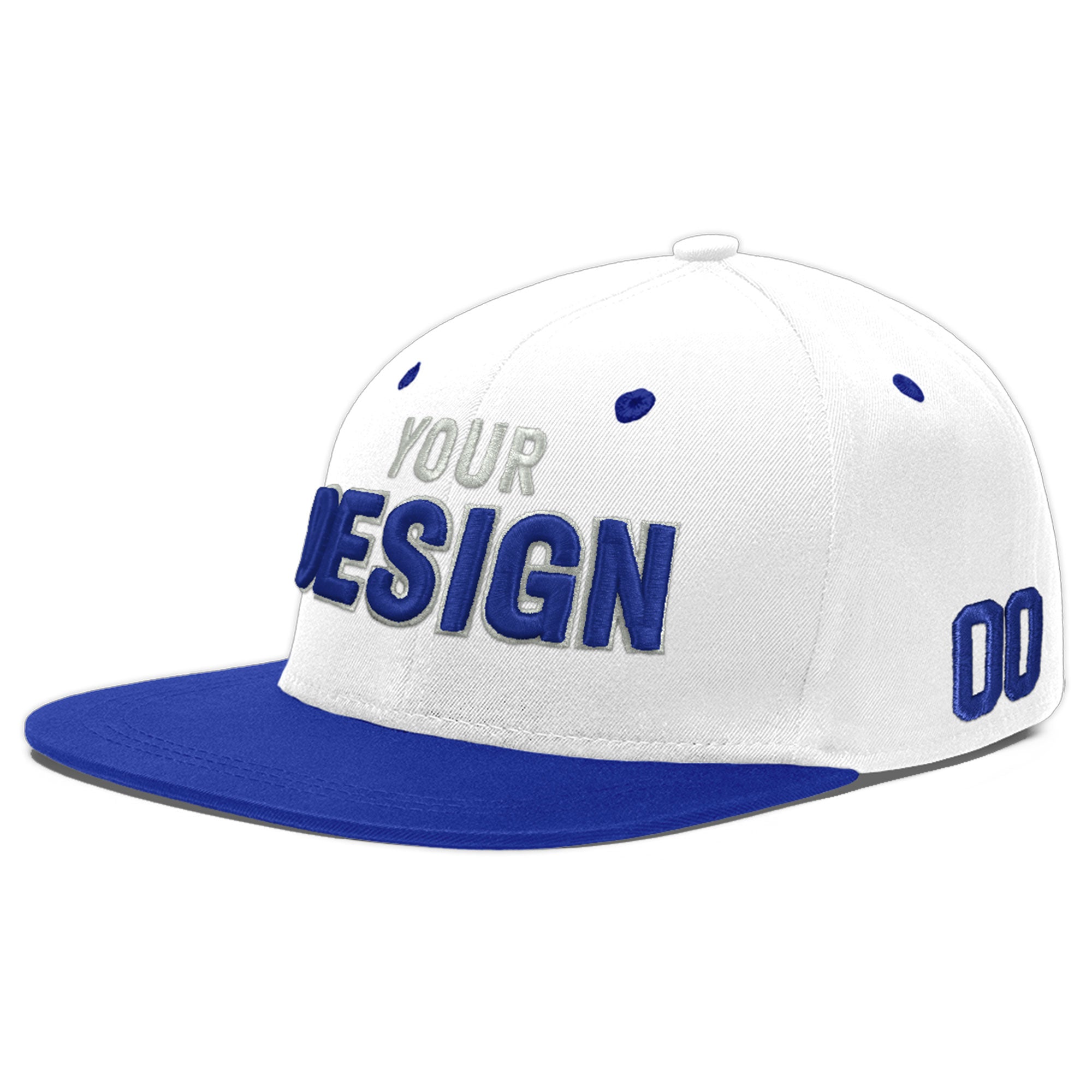 Custom White Royal Blue 110D Puff Embroidery Flat Embroidery Casual Sport Baseball Cap