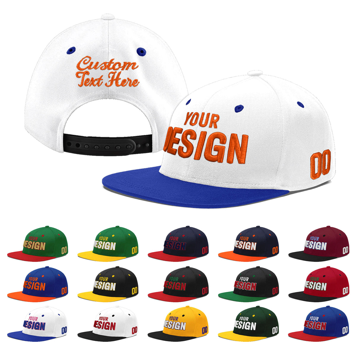 Custom White Royal Blue 115D Puff Embroidery Flat Embroidery Casual Sport Baseball Cap