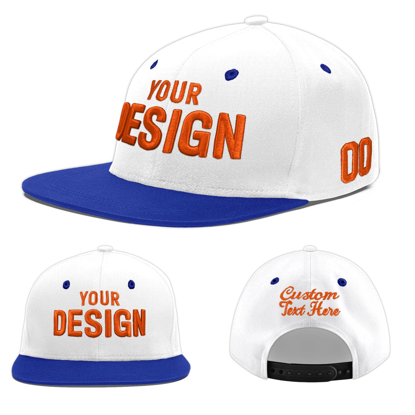 Custom White Royal Blue 116D Puff Embroidery Flat Embroidery Casual Sport Baseball Cap