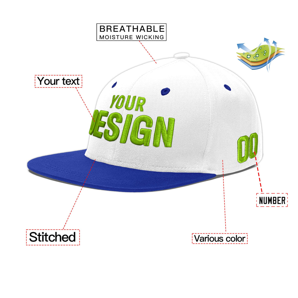 Custom White Royal Blue 85D Puff Embroidery Flat Embroidery Casual Sport Baseball Cap