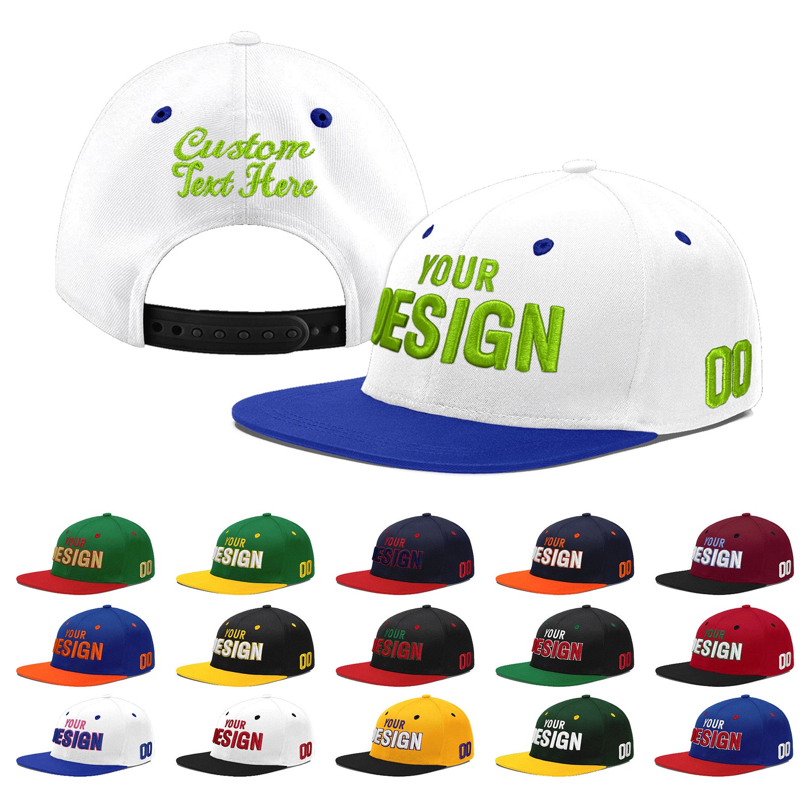 Custom White Royal Blue 83D Puff Embroidery Flat Embroidery Casual Sport Baseball Cap