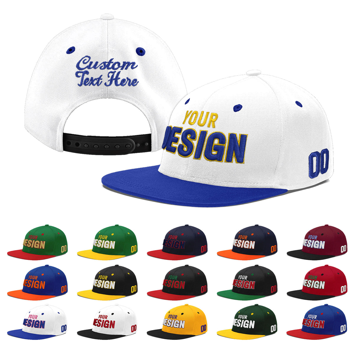 Custom White Royal Blue 91D Puff Embroidery Flat Embroidery Casual Sport Baseball Cap