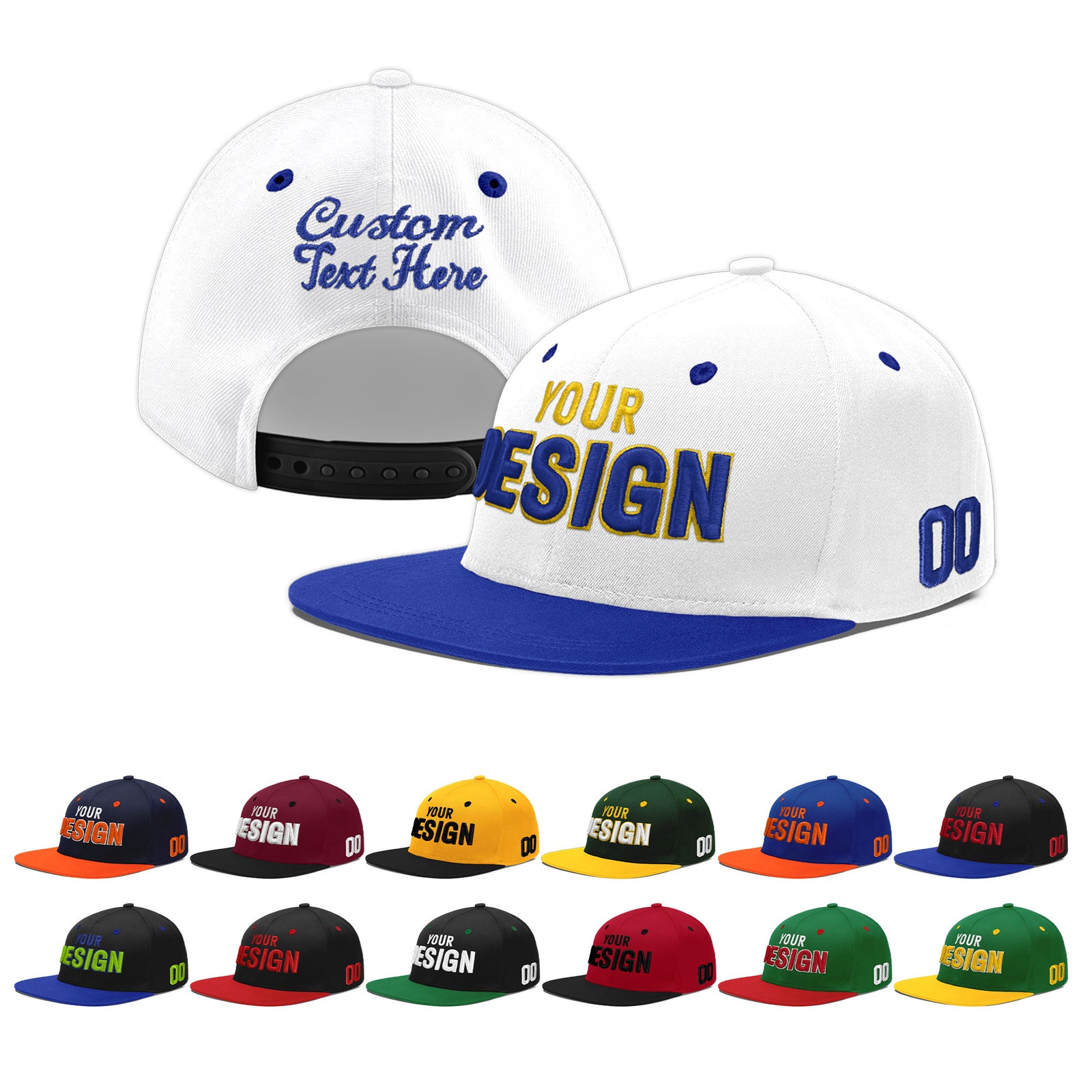 Custom White Royal Blue 91D Puff Embroidery Flat Embroidery Casual Sport Baseball Cap