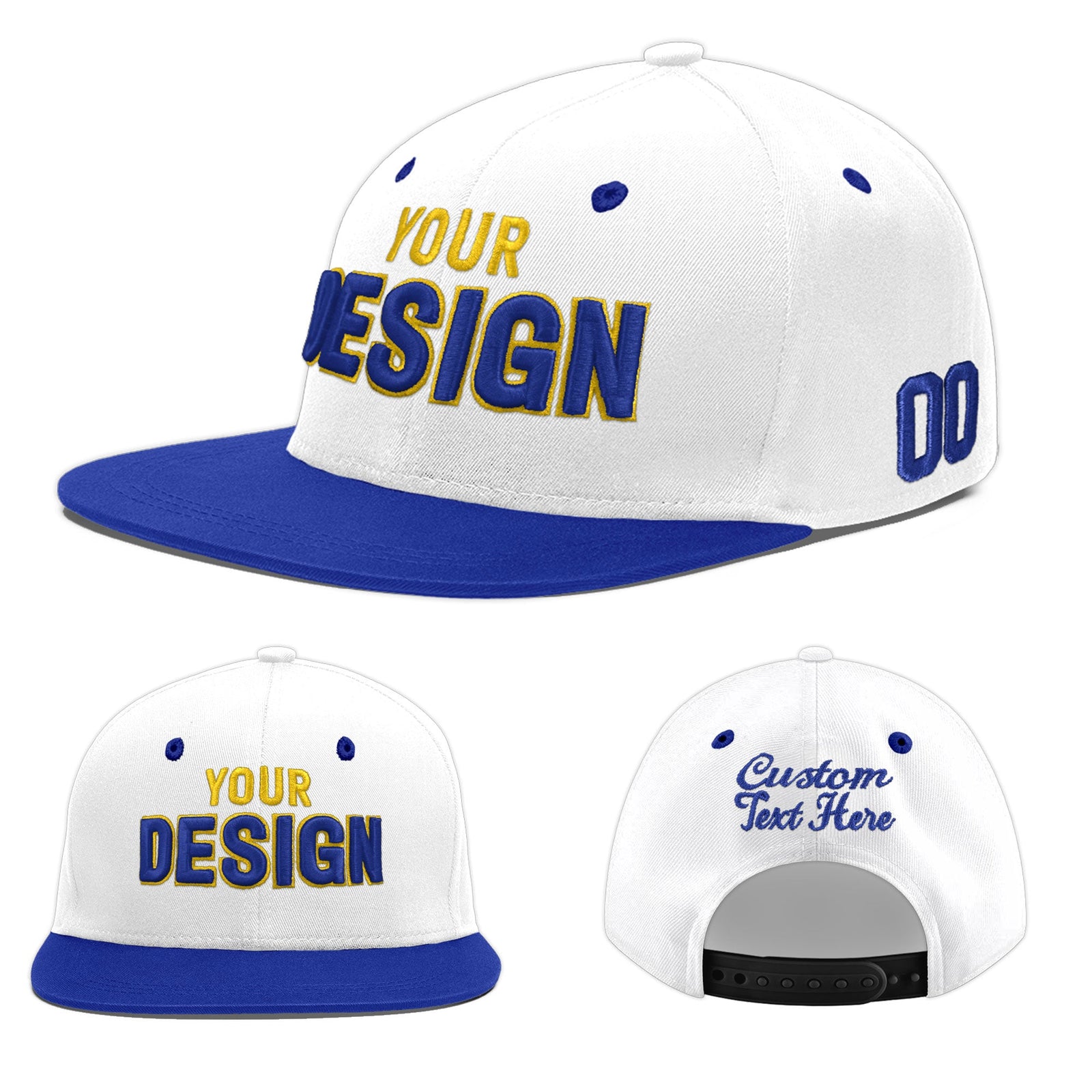 Custom White Royal Blue 92D Puff Embroidery Flat Embroidery Casual Sport Baseball Cap