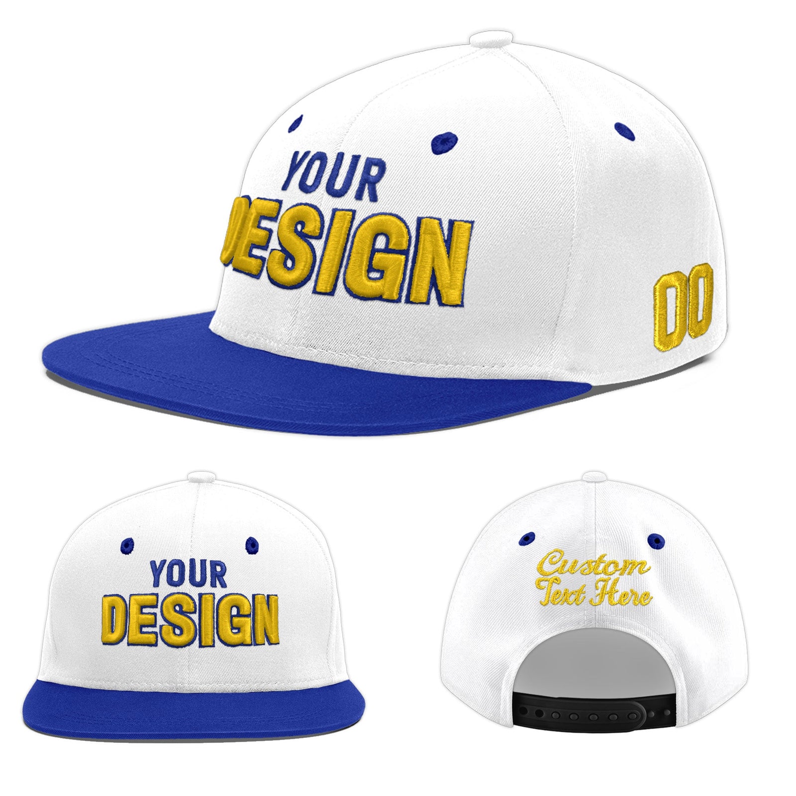 Custom White Royal Blue 100D Puff Embroidery Flat Embroidery Casual Sport Baseball Cap