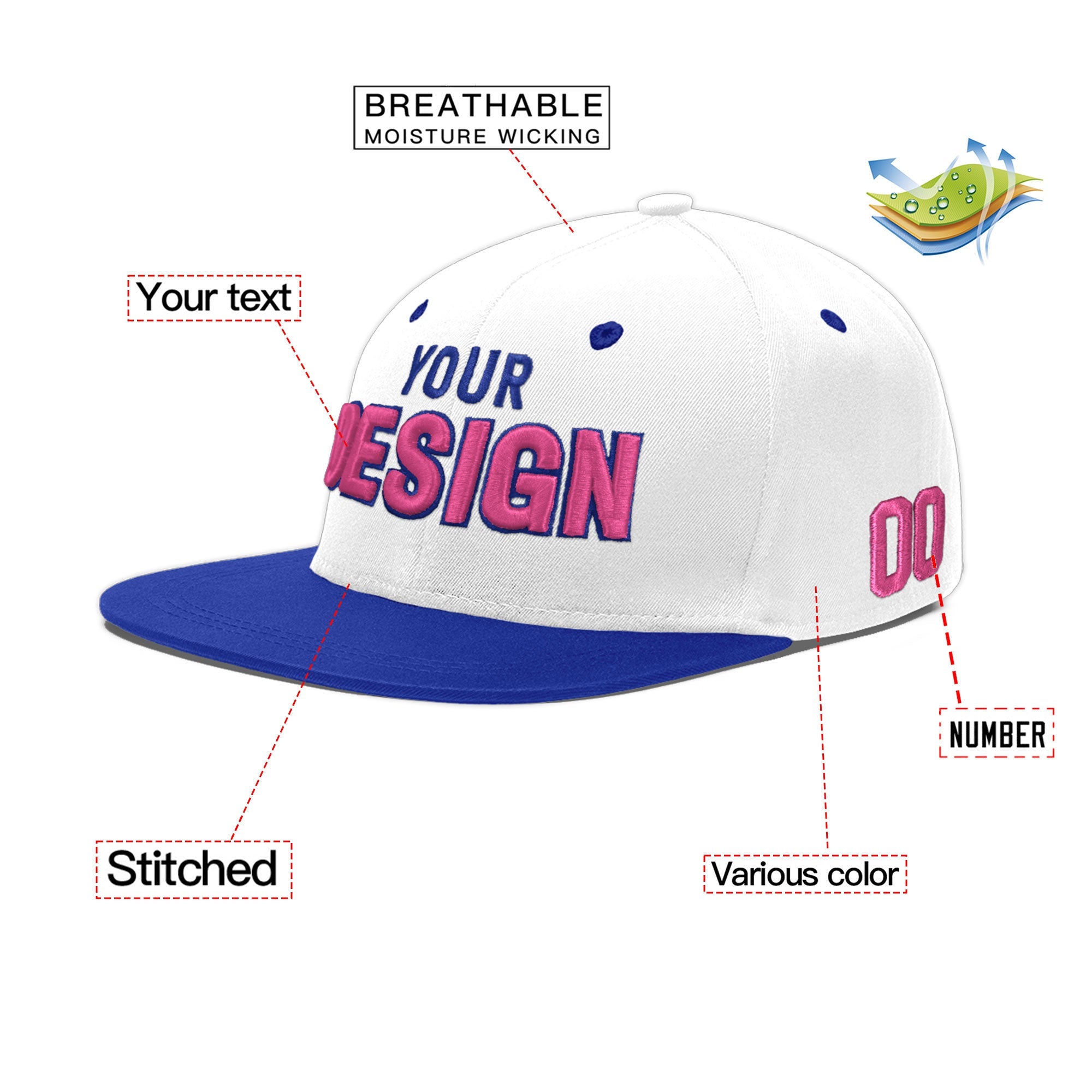 Custom White Royal Blue 109D Puff Embroidery Flat Embroidery Casual Sport Baseball Cap