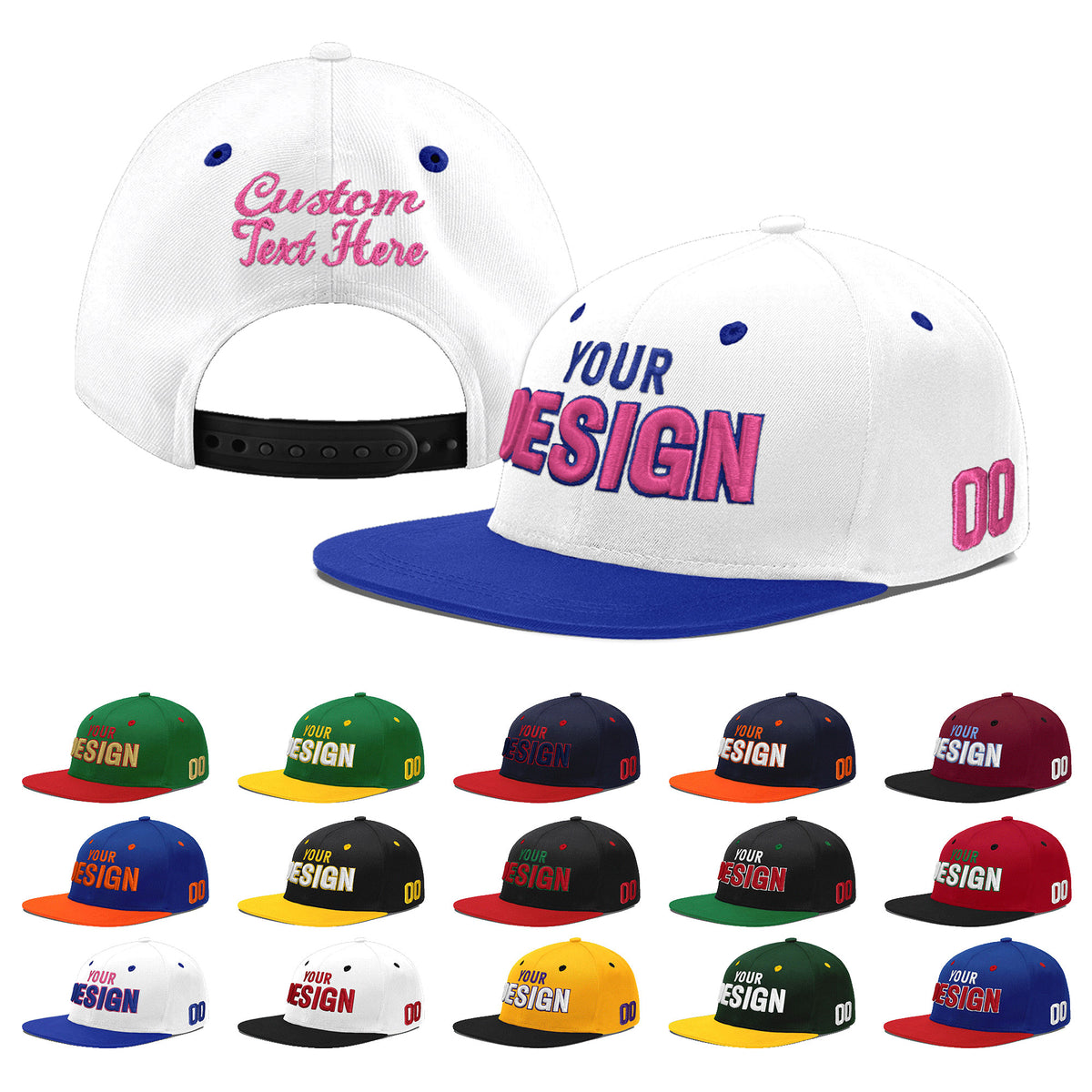 Custom White Royal Blue 107D Puff Embroidery Flat Embroidery Casual Sport Baseball Cap