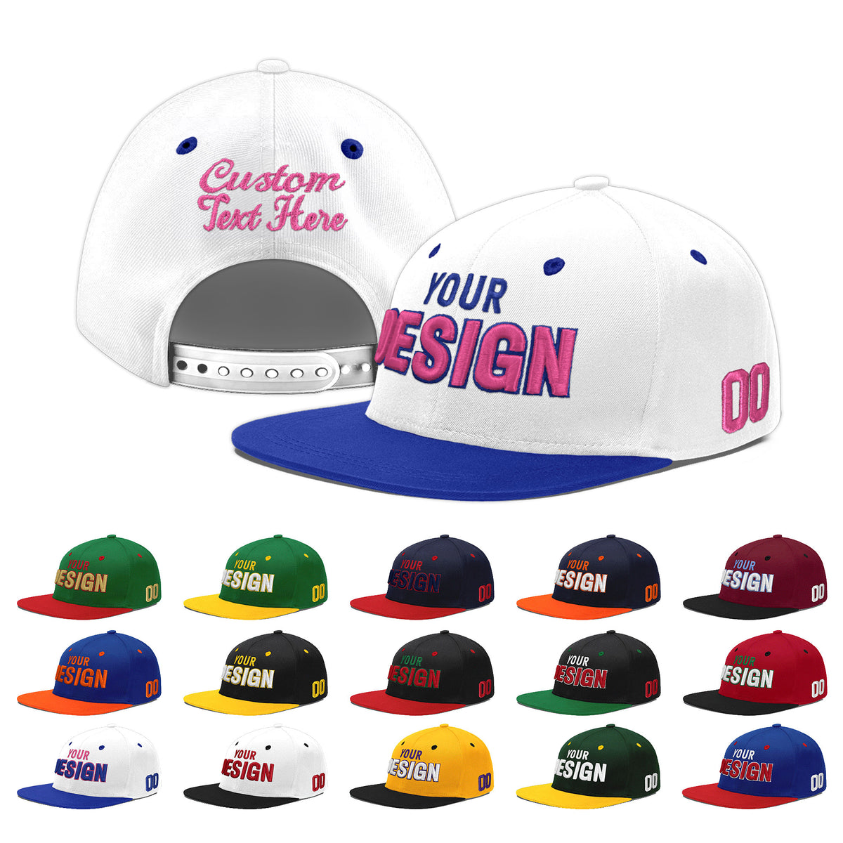 Custom White Royal Blue 107D Puff Embroidery Flat Embroidery Casual Sport Baseball Cap
