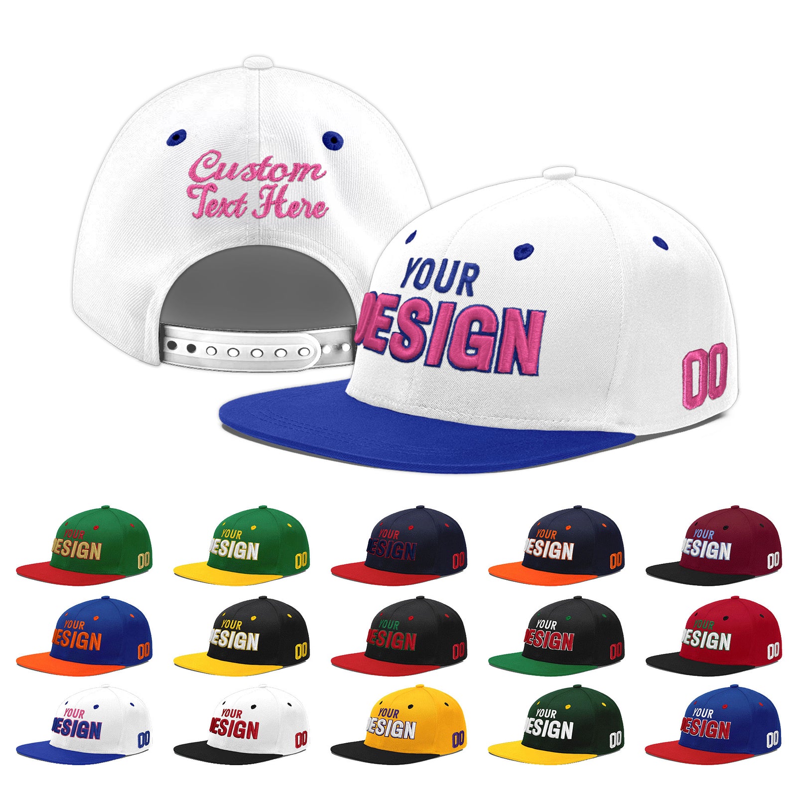 Custom White Royal Blue 107D Puff Embroidery Flat Embroidery Casual Sport Baseball Cap
