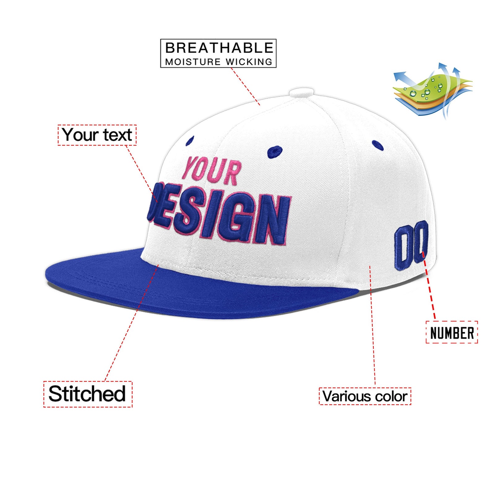 Custom White Royal Blue 117D Puff Embroidery Flat Embroidery Casual Sport Baseball Cap