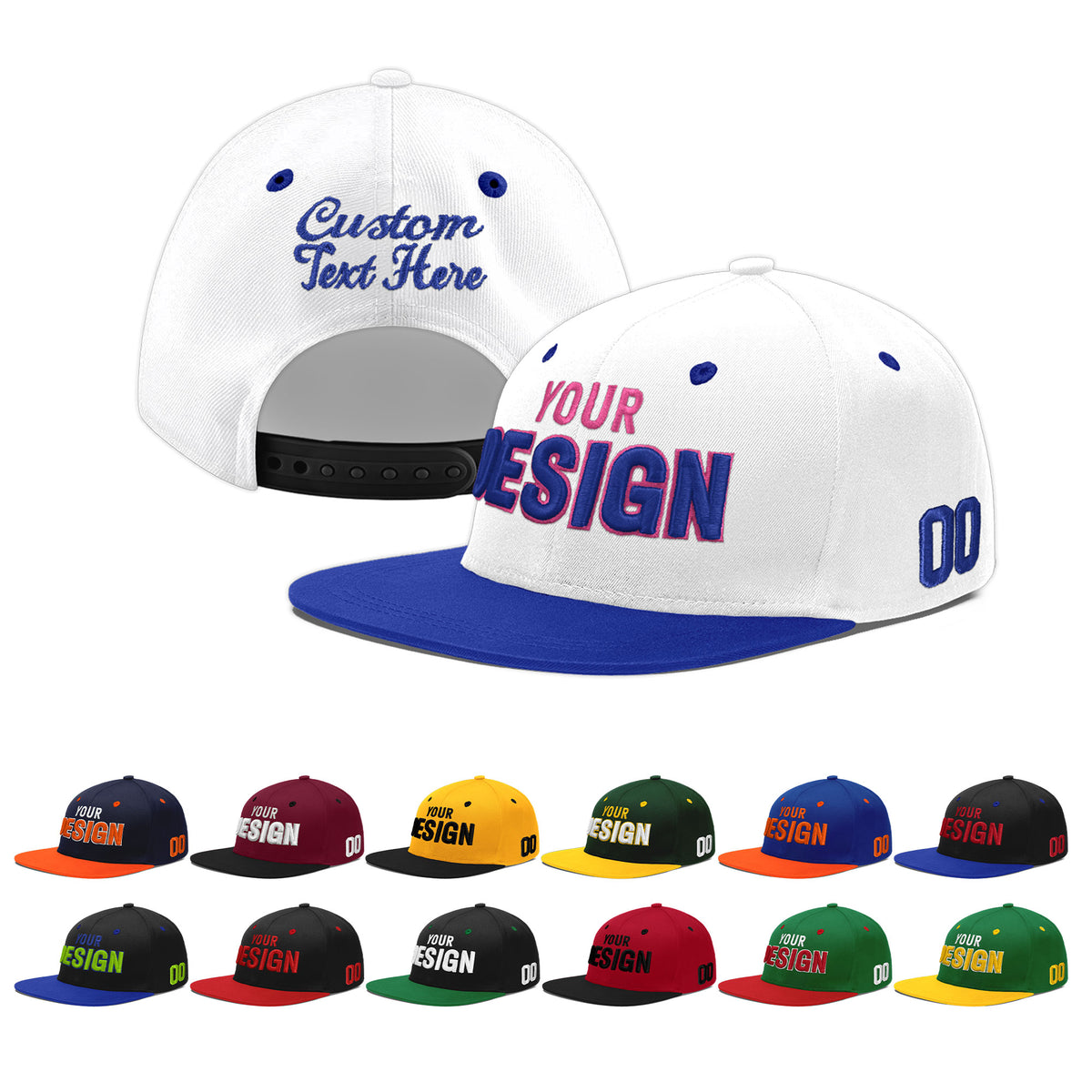 Custom White Royal Blue 115D Puff Embroidery Flat Embroidery Casual Sport Baseball Cap