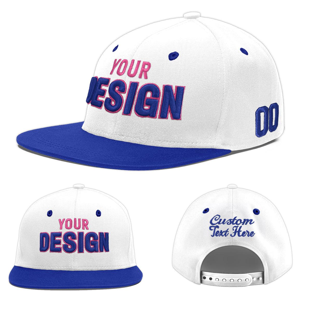 Custom White Royal Blue 116D Puff Embroidery Flat Embroidery Casual Sport Baseball Cap