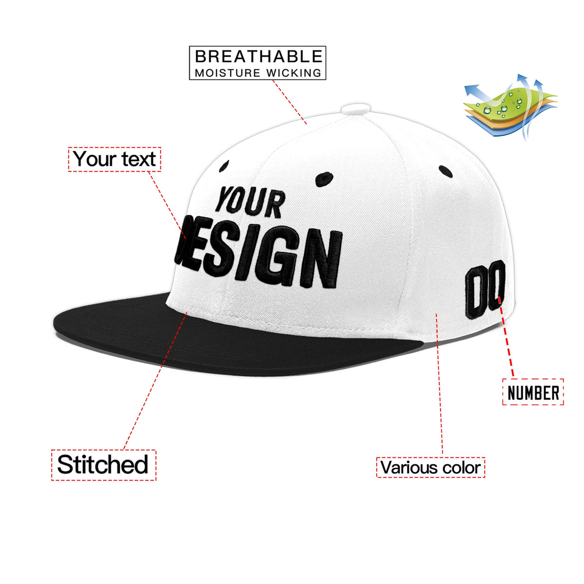 Custom White Black 3D Puff Embroidery Flat Embroidery Casual Sport Baseball Cap