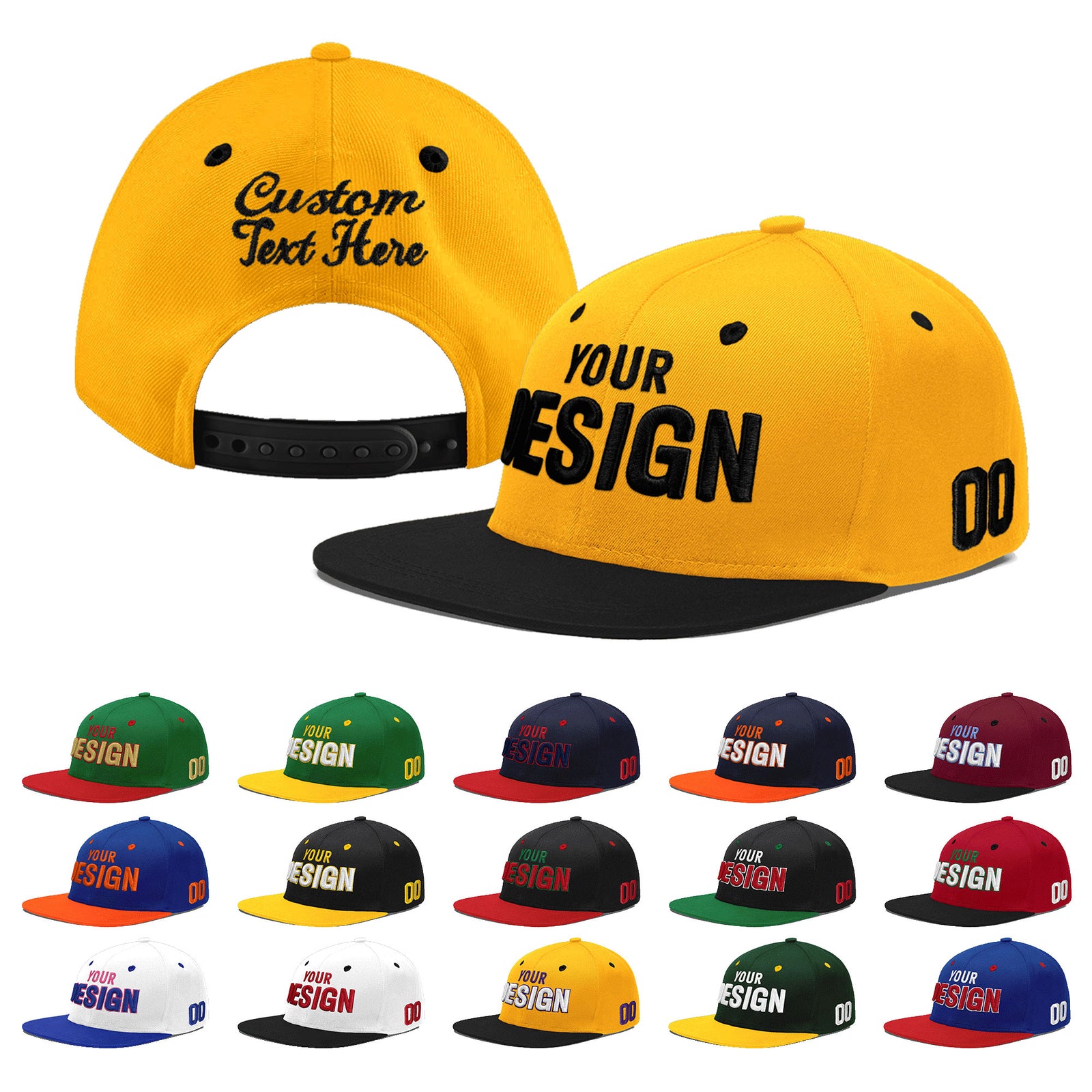 Custom Gold Black 3D Puff Embroidery Flat Embroidery Casual Sport Baseball Cap