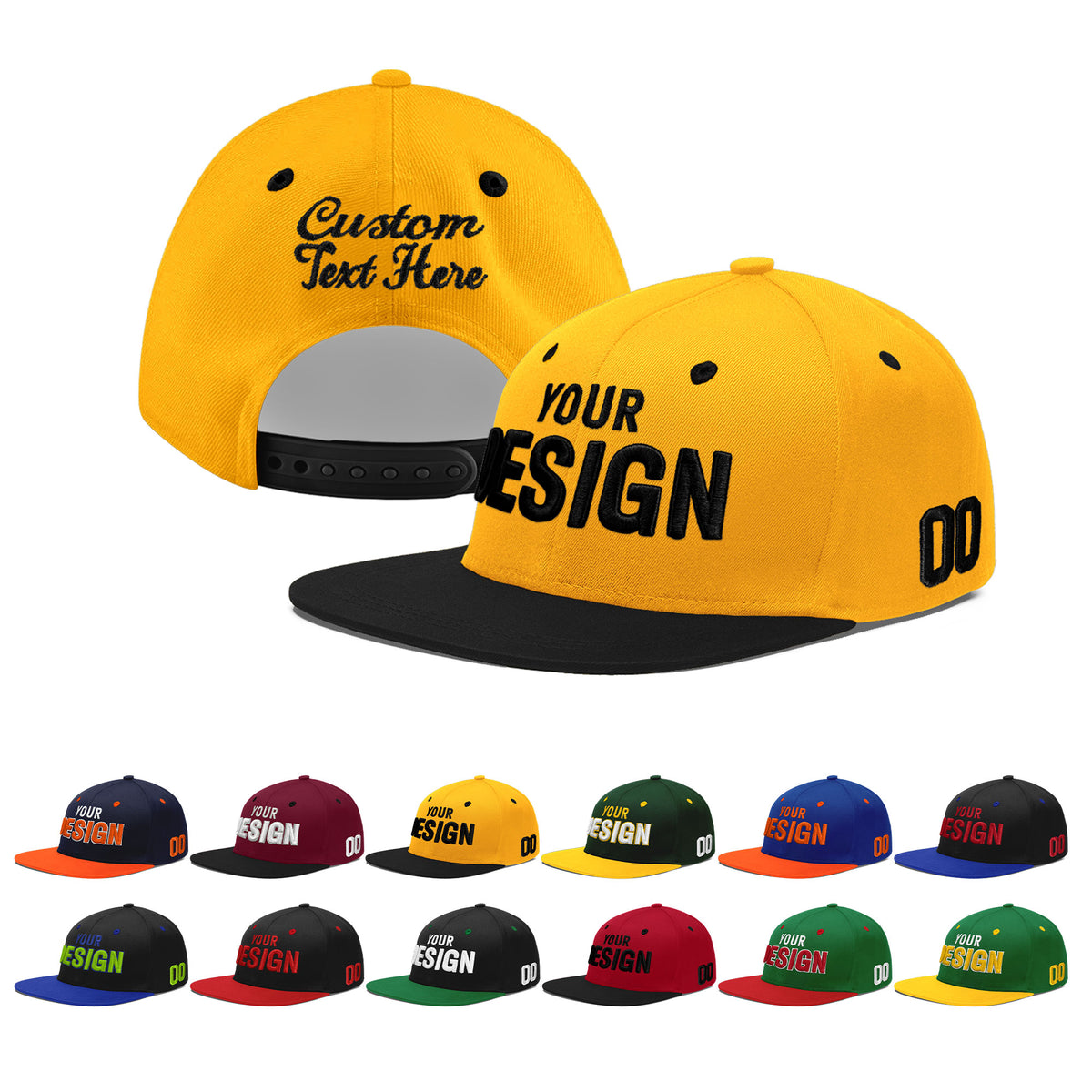 Custom Gold Black 3D Puff Embroidery Flat Embroidery Casual Sport Baseball Cap