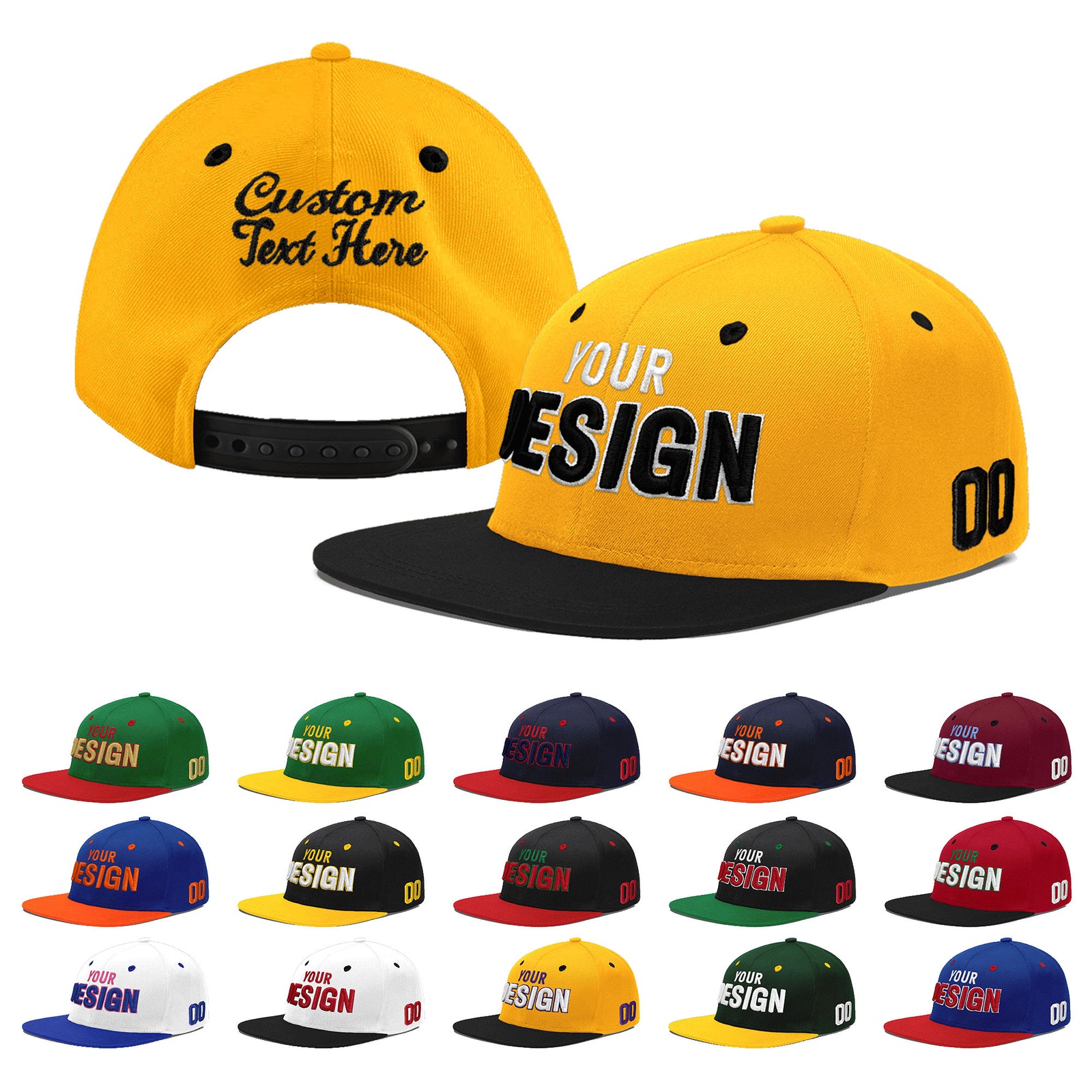Custom Gold Black 3D Puff Embroidery Flat Embroidery Casual Sport Baseball Cap