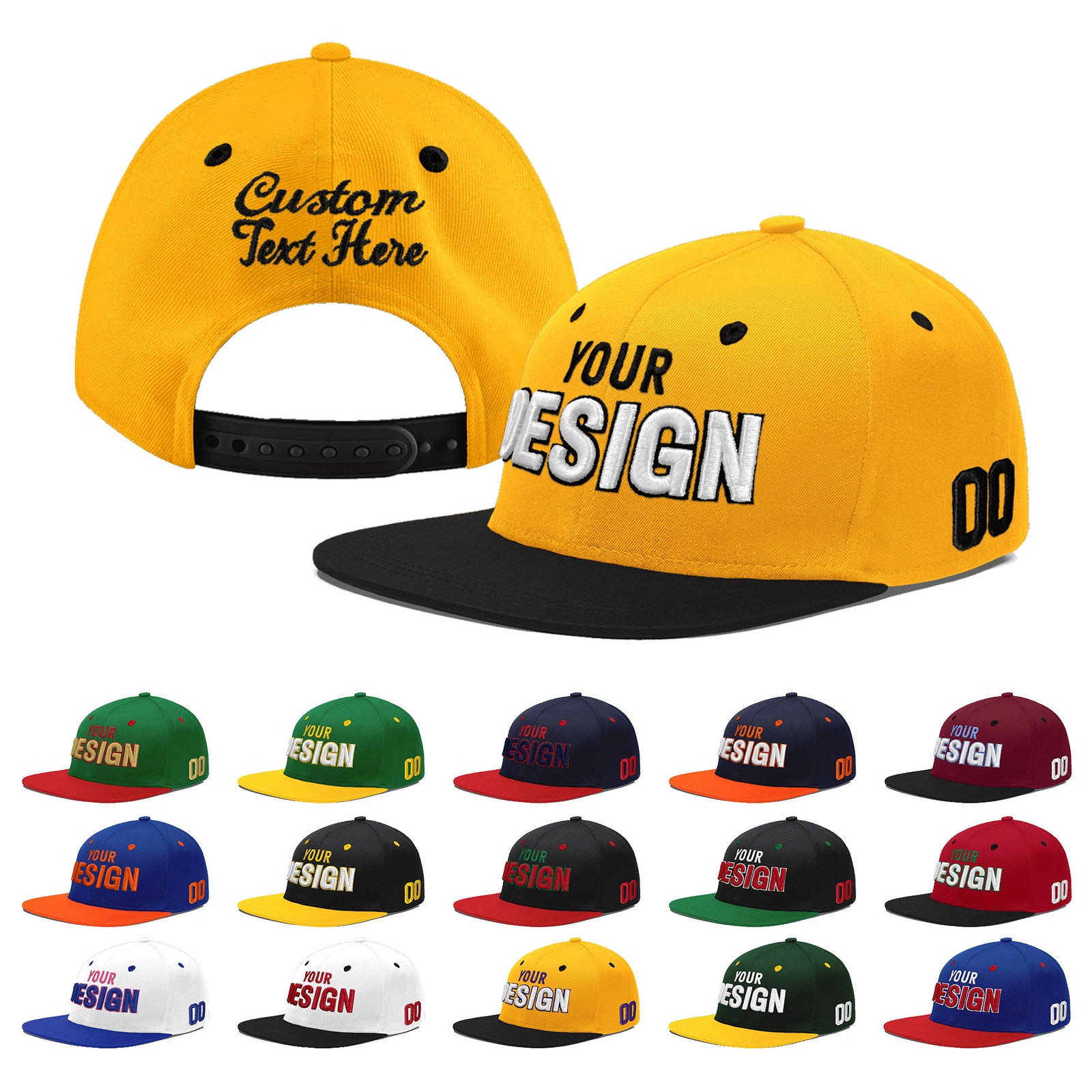 Custom Gold Black 3D Puff Embroidery Flat Embroidery Casual Sport Baseball Cap
