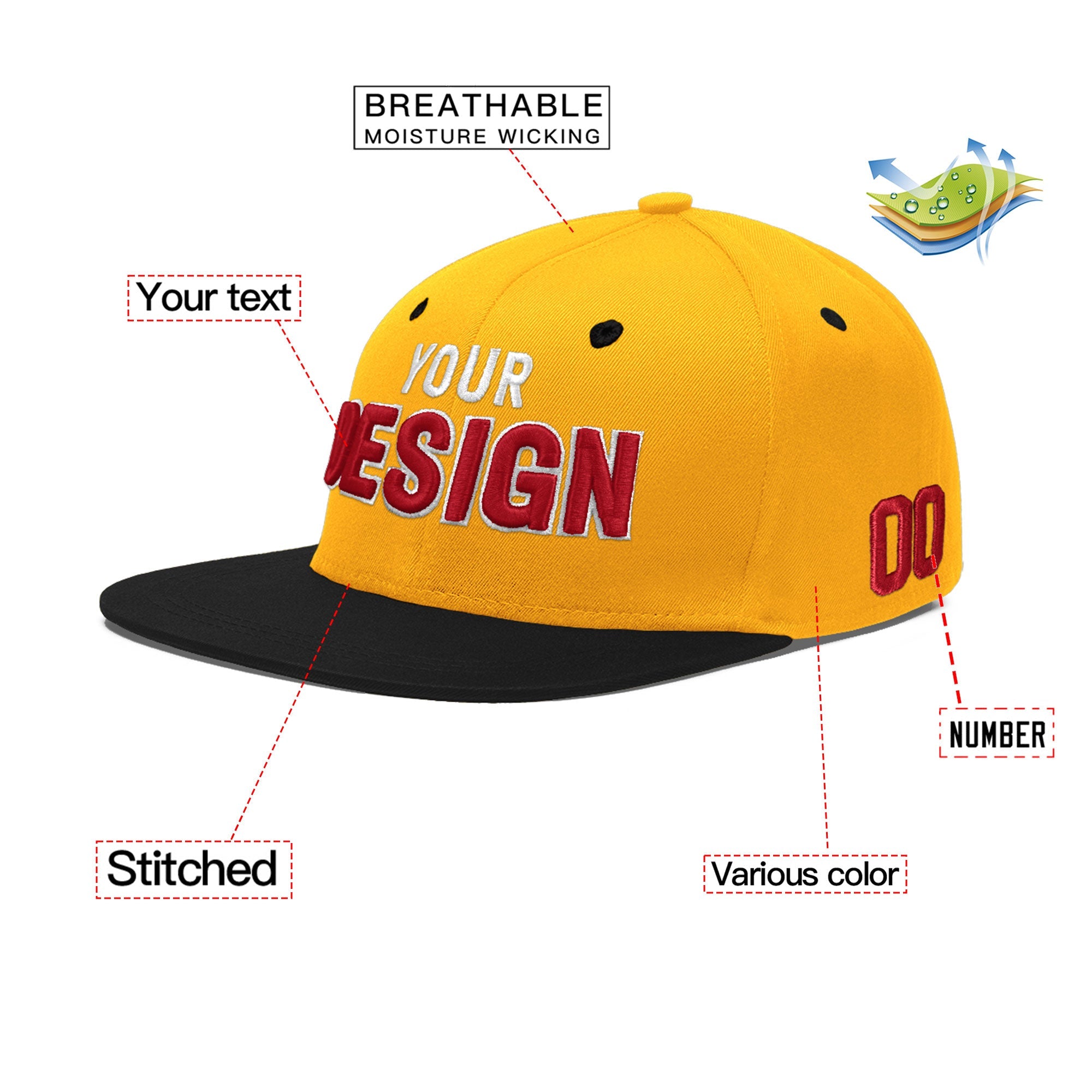 Custom Gold Black 3D Puff Embroidery Flat Embroidery Casual Sport Baseball Cap