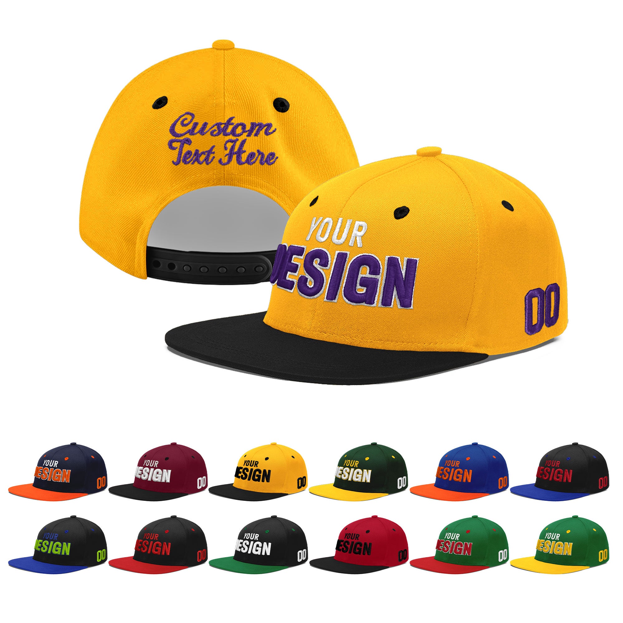 Custom Gold Black 83D Puff Embroidery Flat Embroidery Casual Sport Baseball Cap