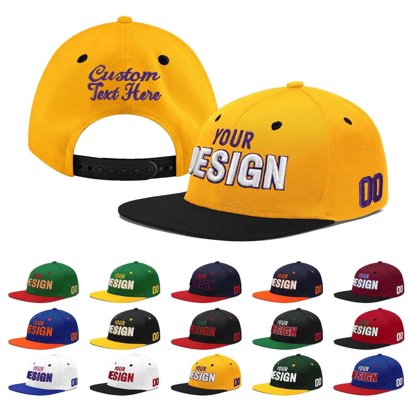 Custom Gold Black 91D Puff Embroidery Flat Embroidery Casual Sport Baseball Cap