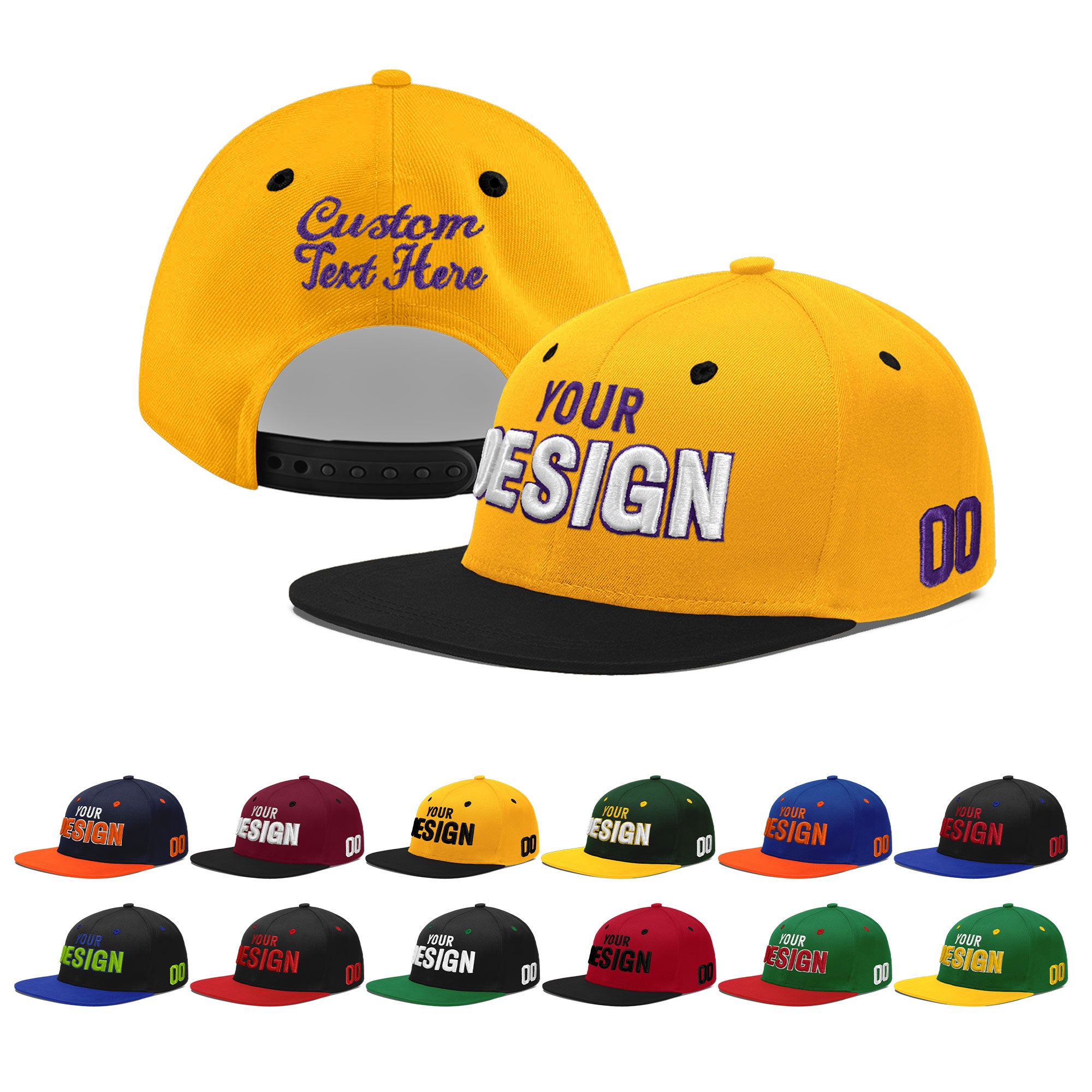 Custom Gold Black 91D Puff Embroidery Flat Embroidery Casual Sport Baseball Cap