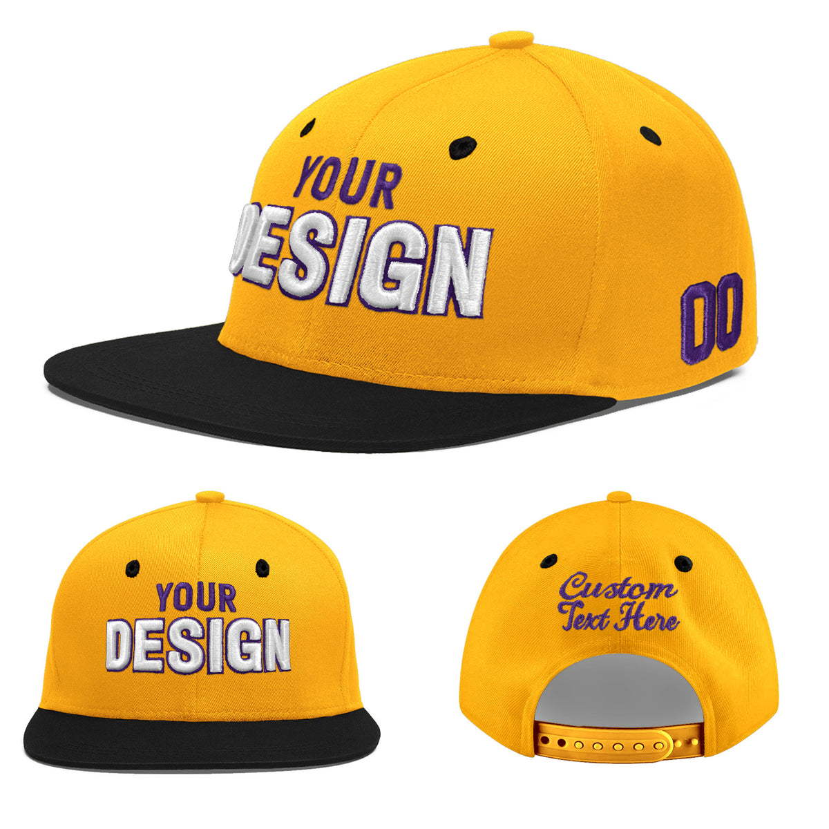 Custom Gold Black 92D Puff Embroidery Flat Embroidery Casual Sport Baseball Cap