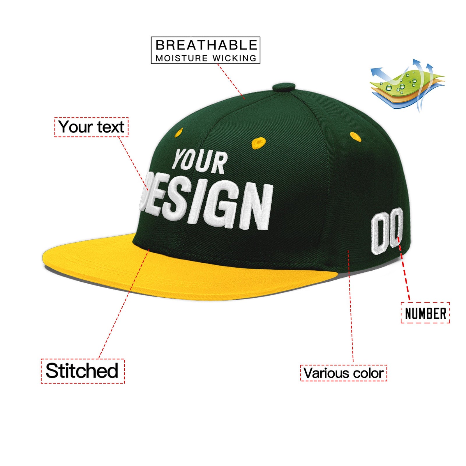 Custom Green Gold 3D Puff Embroidery Flat Embroidery Casual Sport Baseball Cap
