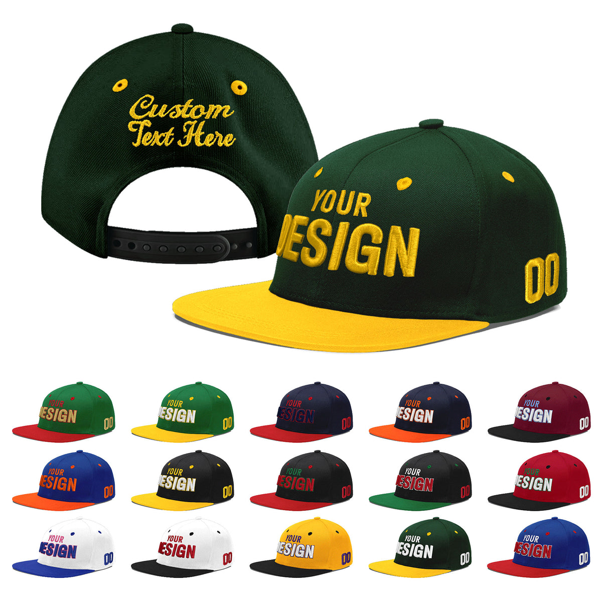 Custom Green Gold 3D Puff Embroidery Flat Embroidery Casual Sport Baseball Cap
