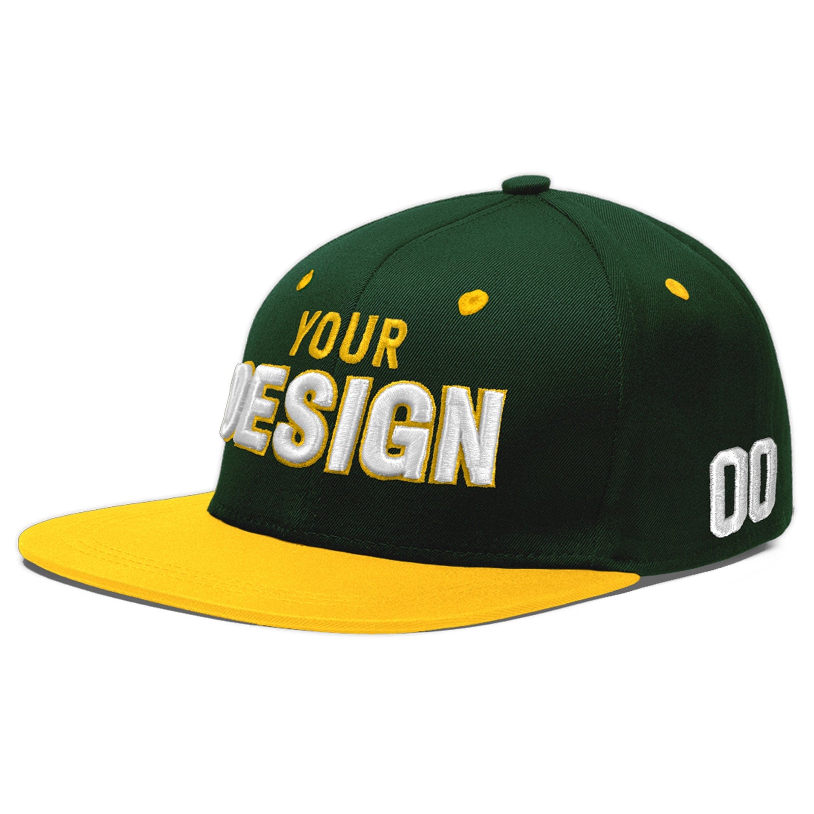 Custom Green Gold 3D Puff Embroidery Flat Embroidery Casual Sport Baseball Cap