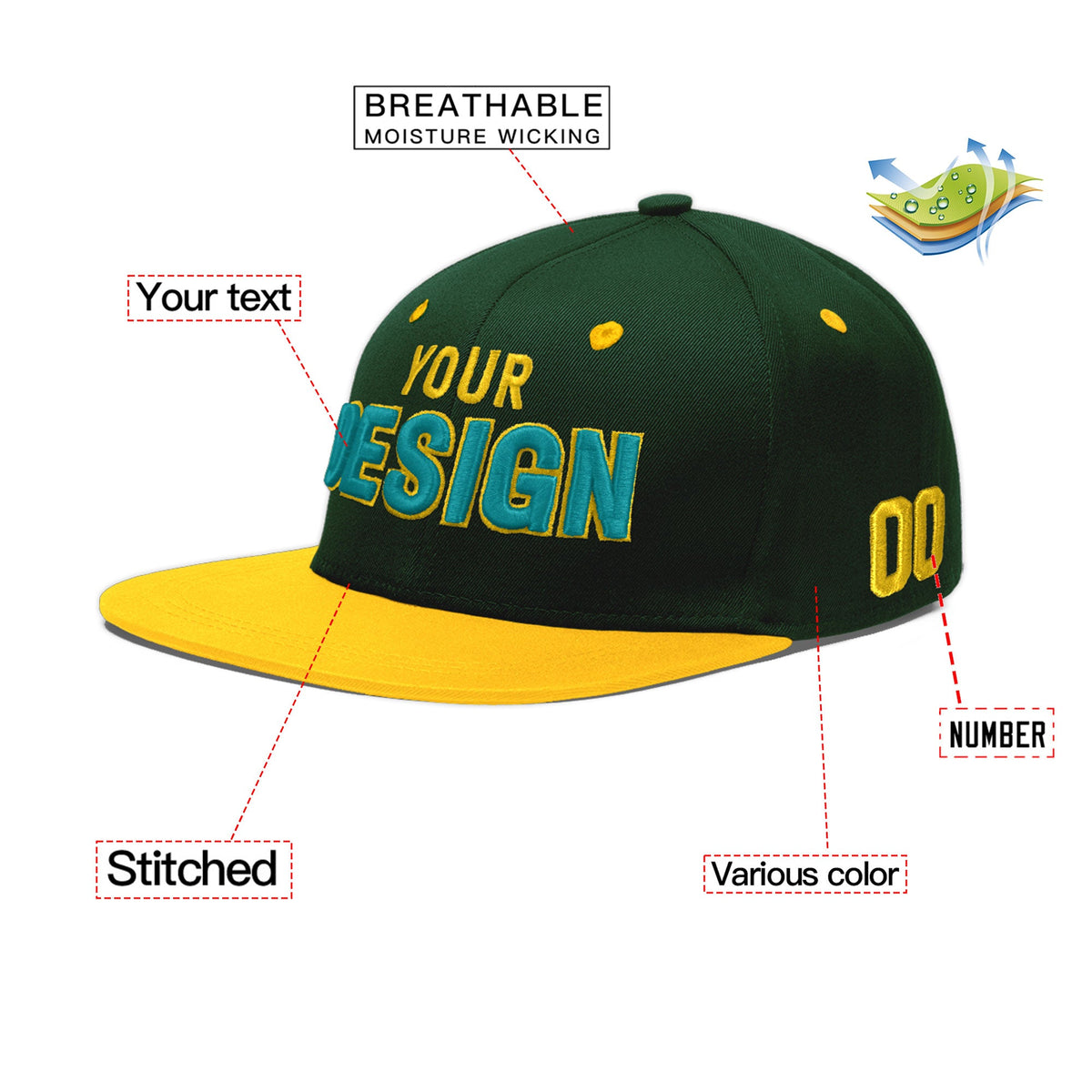 Custom Green Gold 3D Puff Embroidery Flat Embroidery Casual Sport Baseball Cap