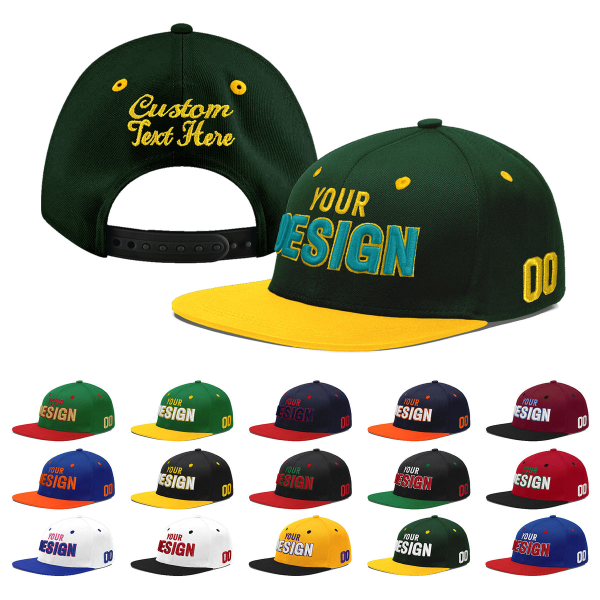 Custom Green Gold 3D Puff Embroidery Flat Embroidery Casual Sport Baseball Cap