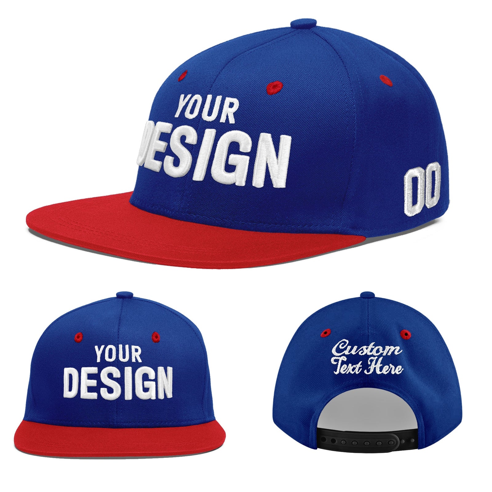 Custom Royal Blue Red 3D Puff Embroidery Flat Embroidery Casual Sport Baseball Cap