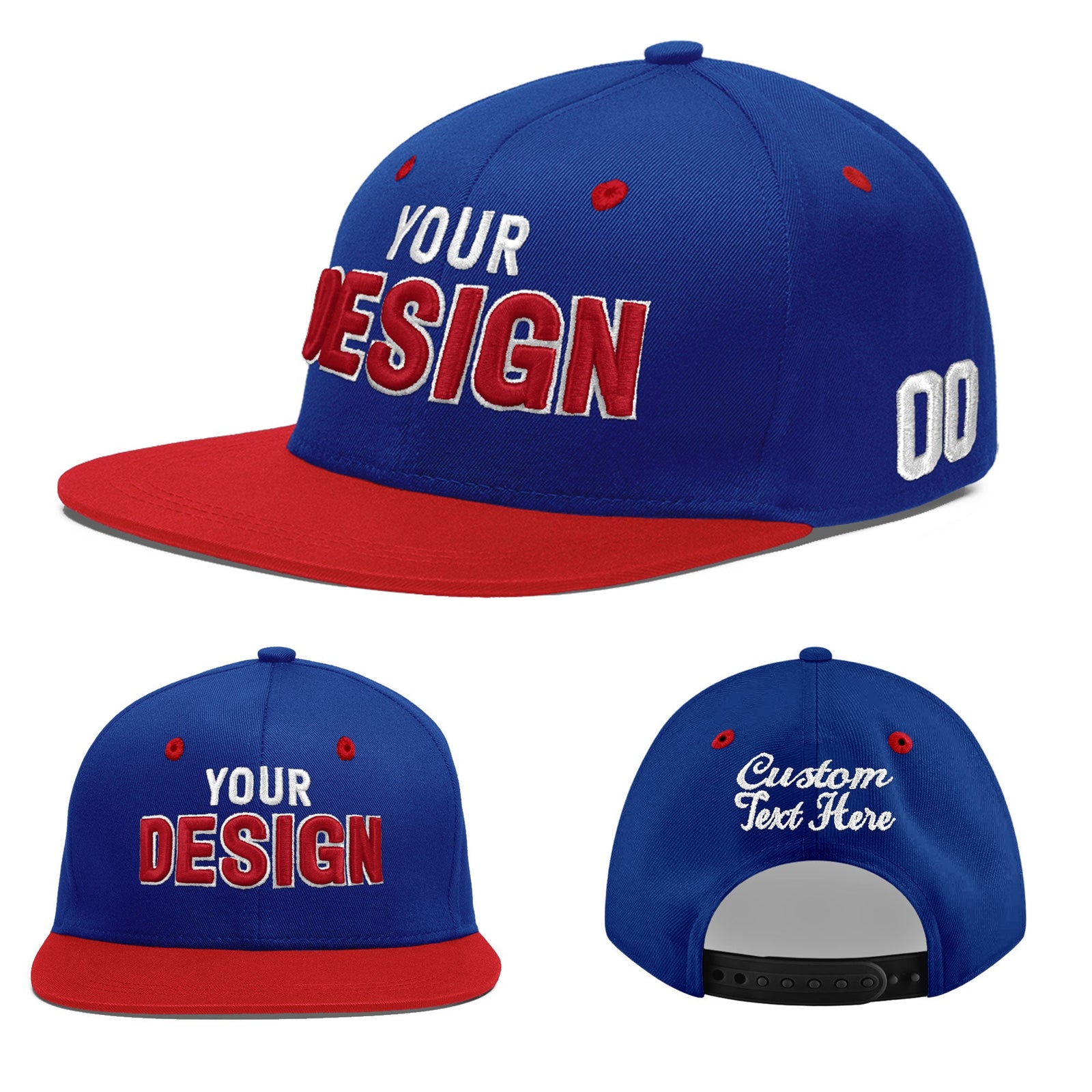 Custom Royal Blue Red 3D Puff Embroidery Flat Embroidery Casual Sport Baseball Cap