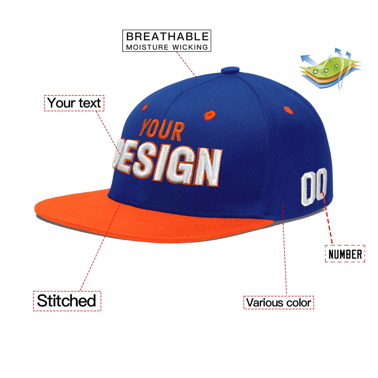 Custom Royal Blue Orange 3D Puff Embroidery Flat Embroidery Casual Sport Baseball Cap