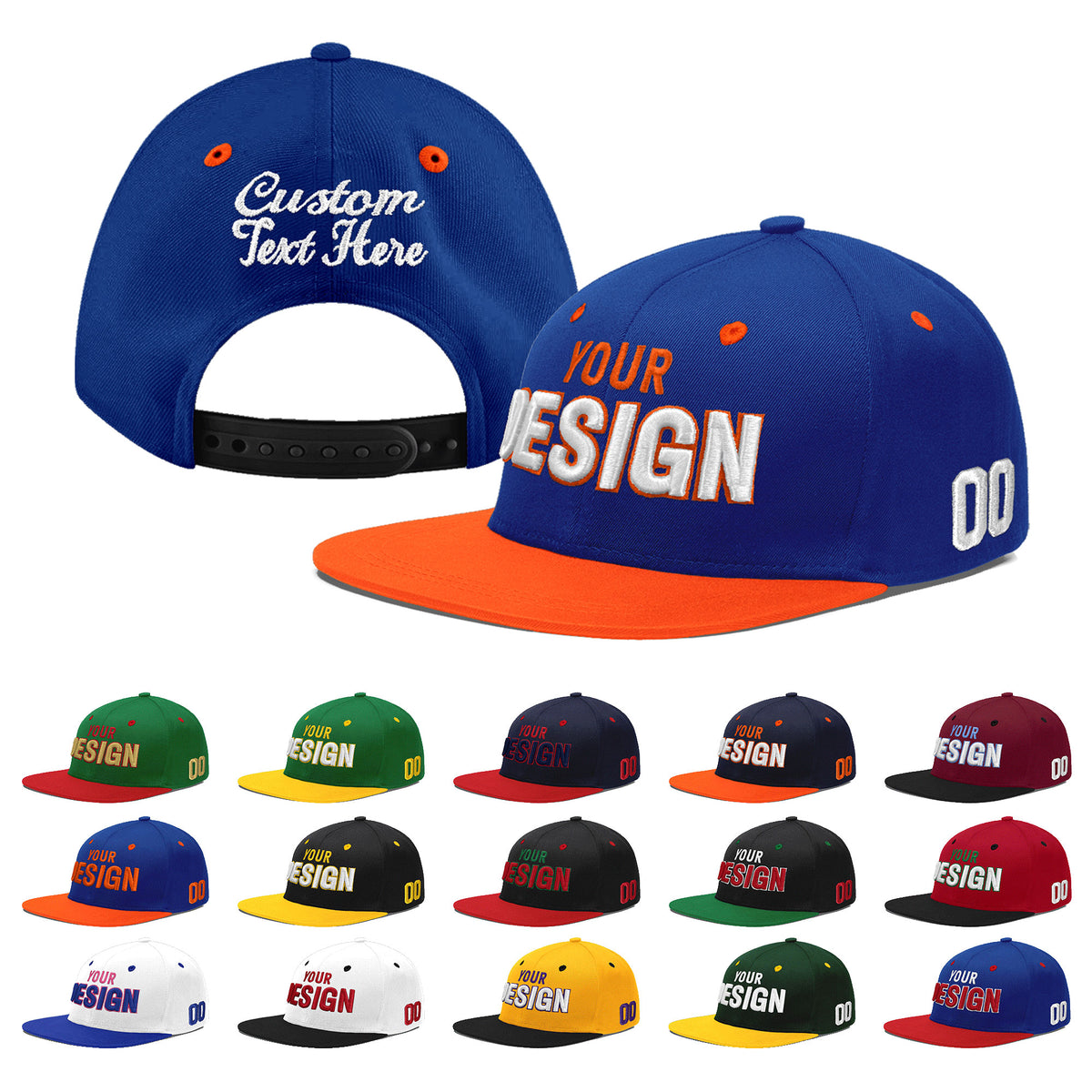 Custom Royal Blue Orange 3D Puff Embroidery Flat Embroidery Casual Sport Baseball Cap